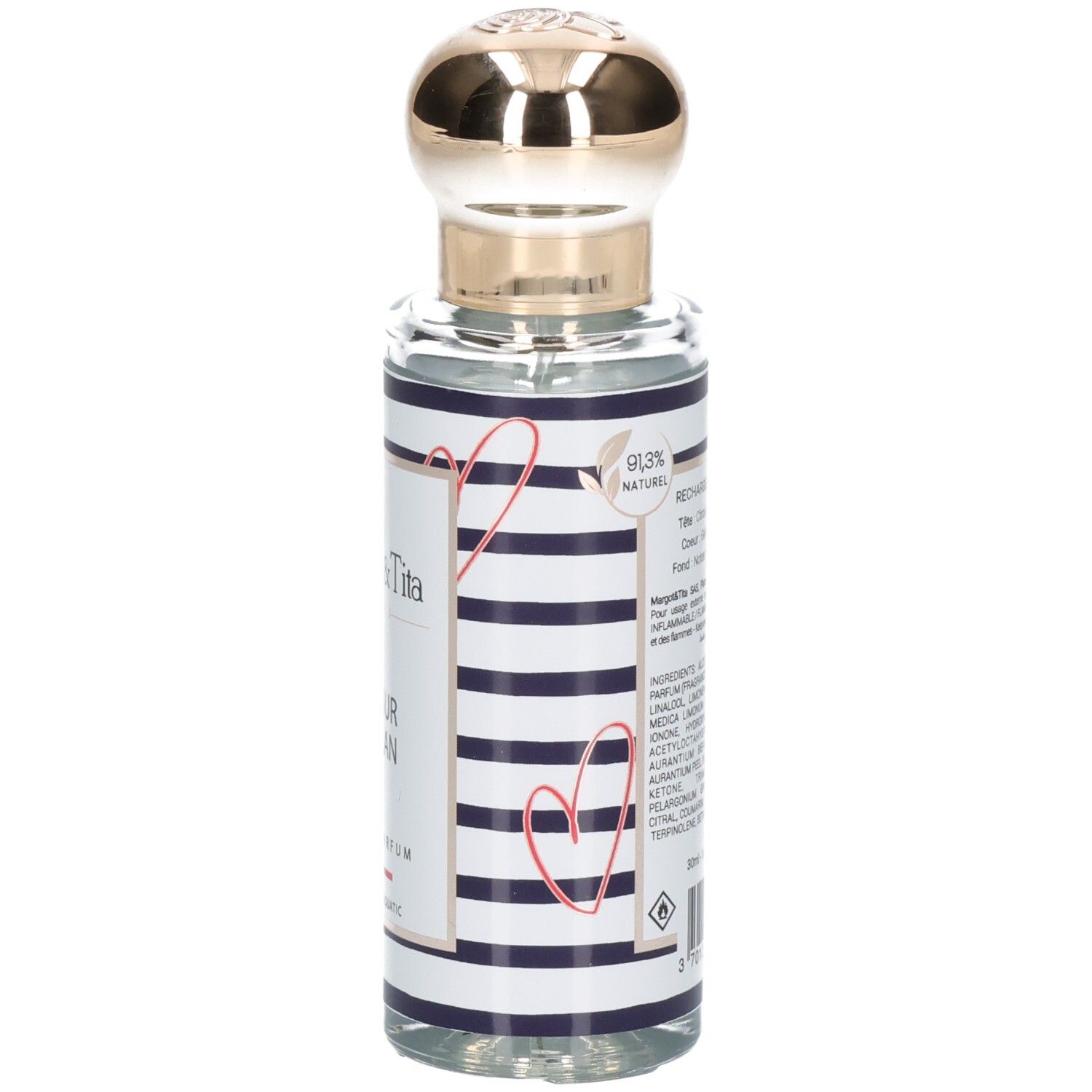 Bouteille Margot & Tita Vue Sur Océan Eau de Parfum avec bouchon doré, vue latérale et détails de l'étiquette.