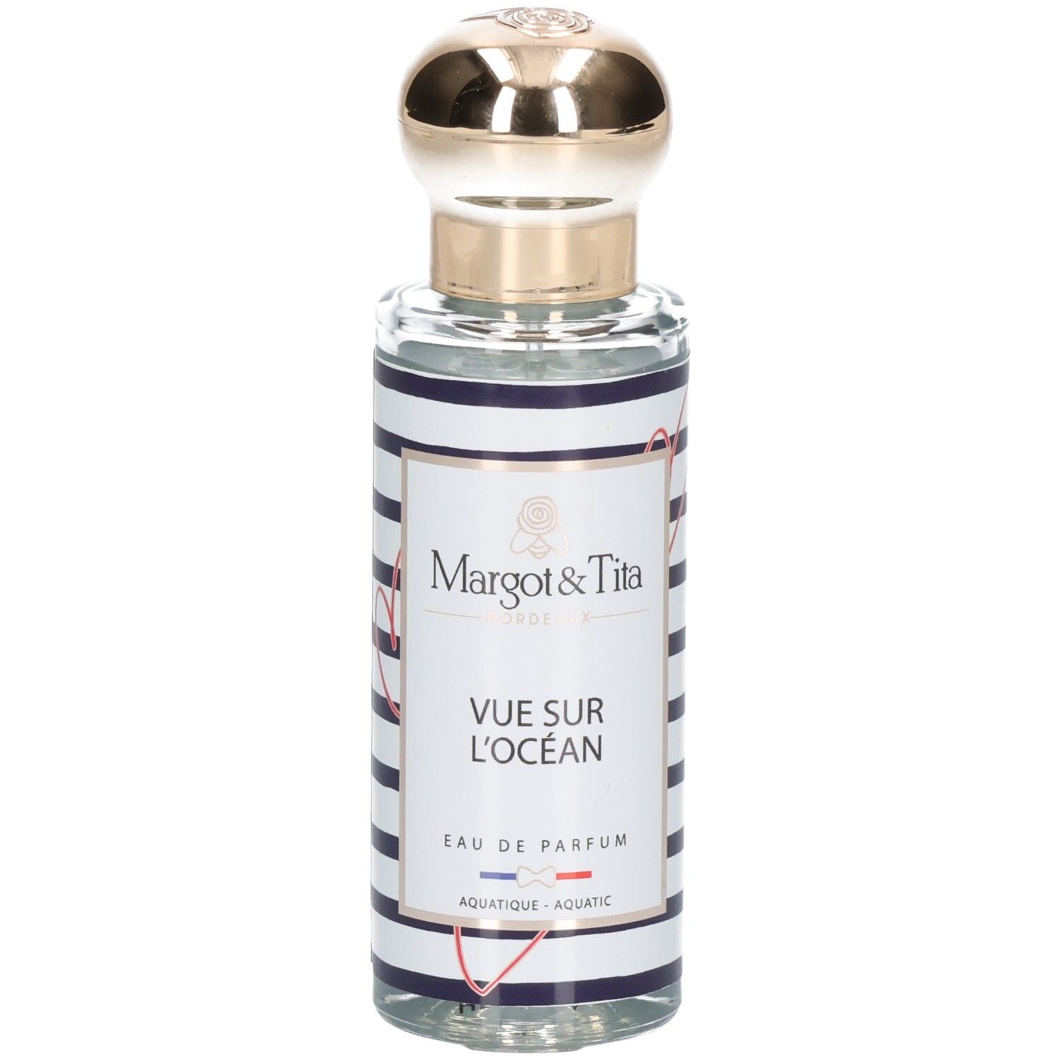 Bouteille de Margot & Tita Vue Sur Océan Eau de Parfum avec bouchon doré et étiquette rayée bleu et blanc.