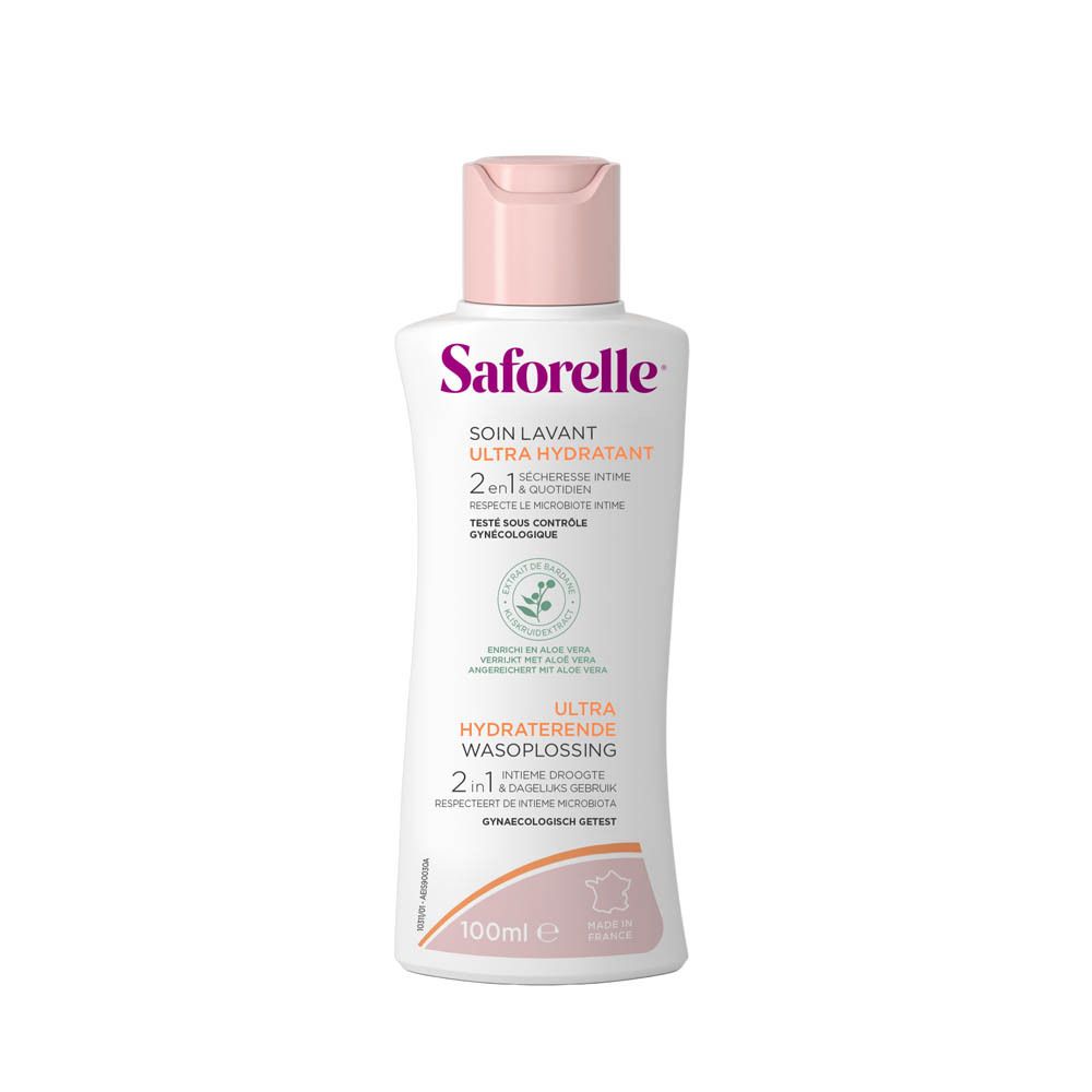 Bouteille Saforelle Soin Lavant Ultra Hydratant, 100ml. Blanc avec bouchon rose.