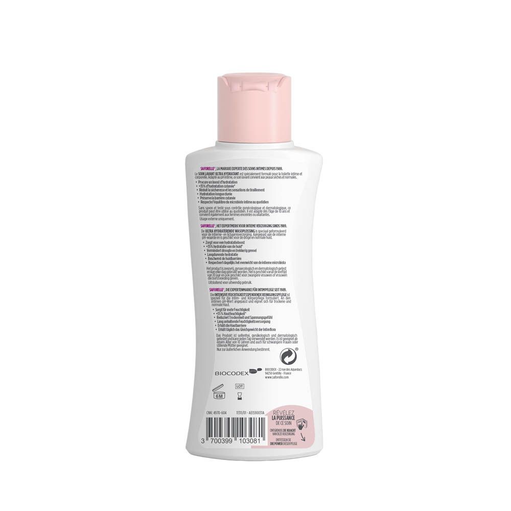 Arrière de la bouteille Saforelle Soin Lavant Ultra Hydratant avec informations produit.