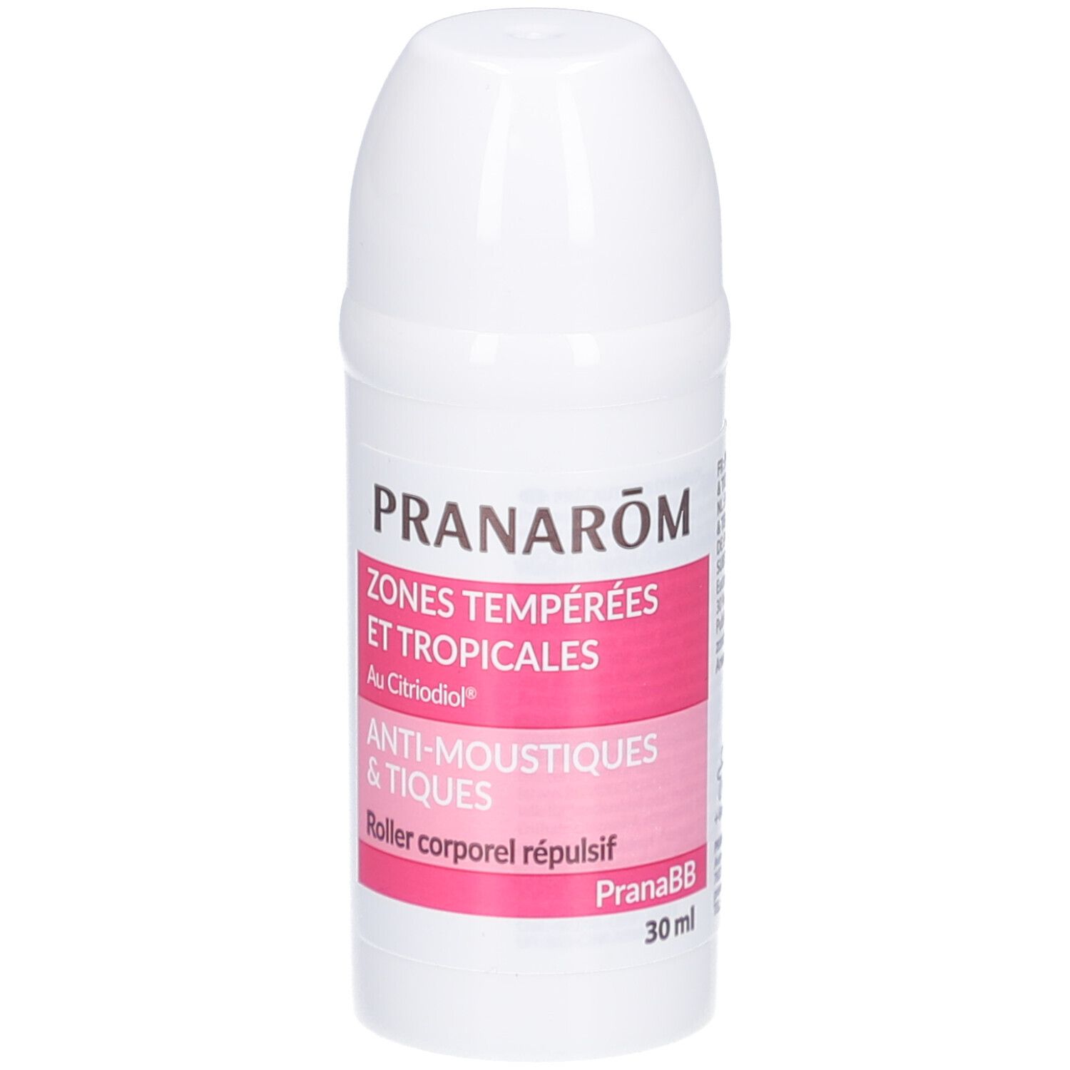 Roll-on blanc avec étiquette rose. Texte: PRANAROM, ZONES TEMPEREES ET TROPICALES, ANTI-MOUSTIQUES & TIQUES. 30 ml.