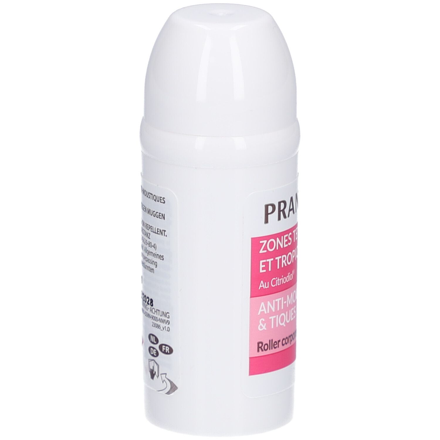 Roll-on blanc, vue latérale. Texte: PRANAROM, ZONES TEMPEREES ET TROPICALES, ANTI-MOUSTIQUES & TIQUES. Détails et avertissements.
