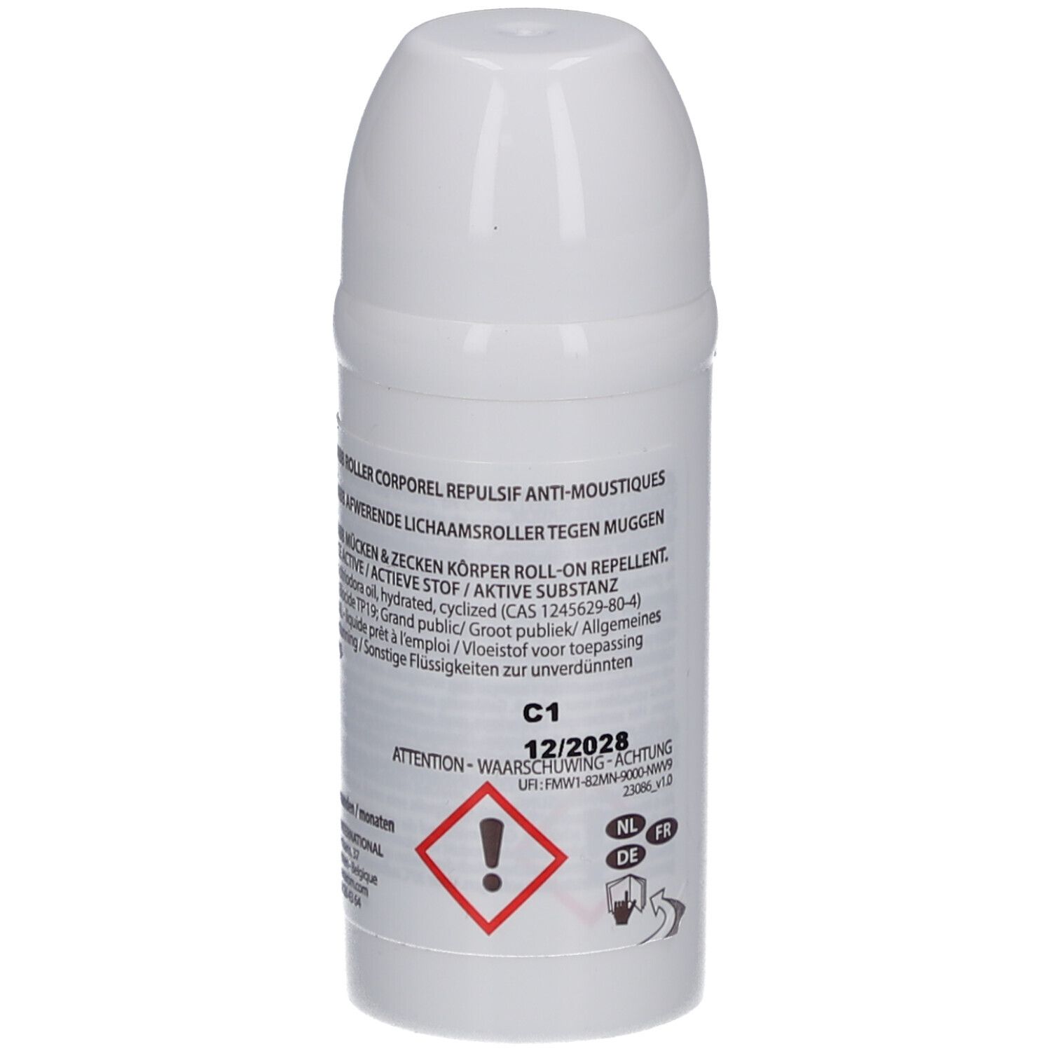 Roll-on blanc, dos. Texte: Avertissement, C1 12/2028. Symbole de danger. Détails et avertissements multilingues.