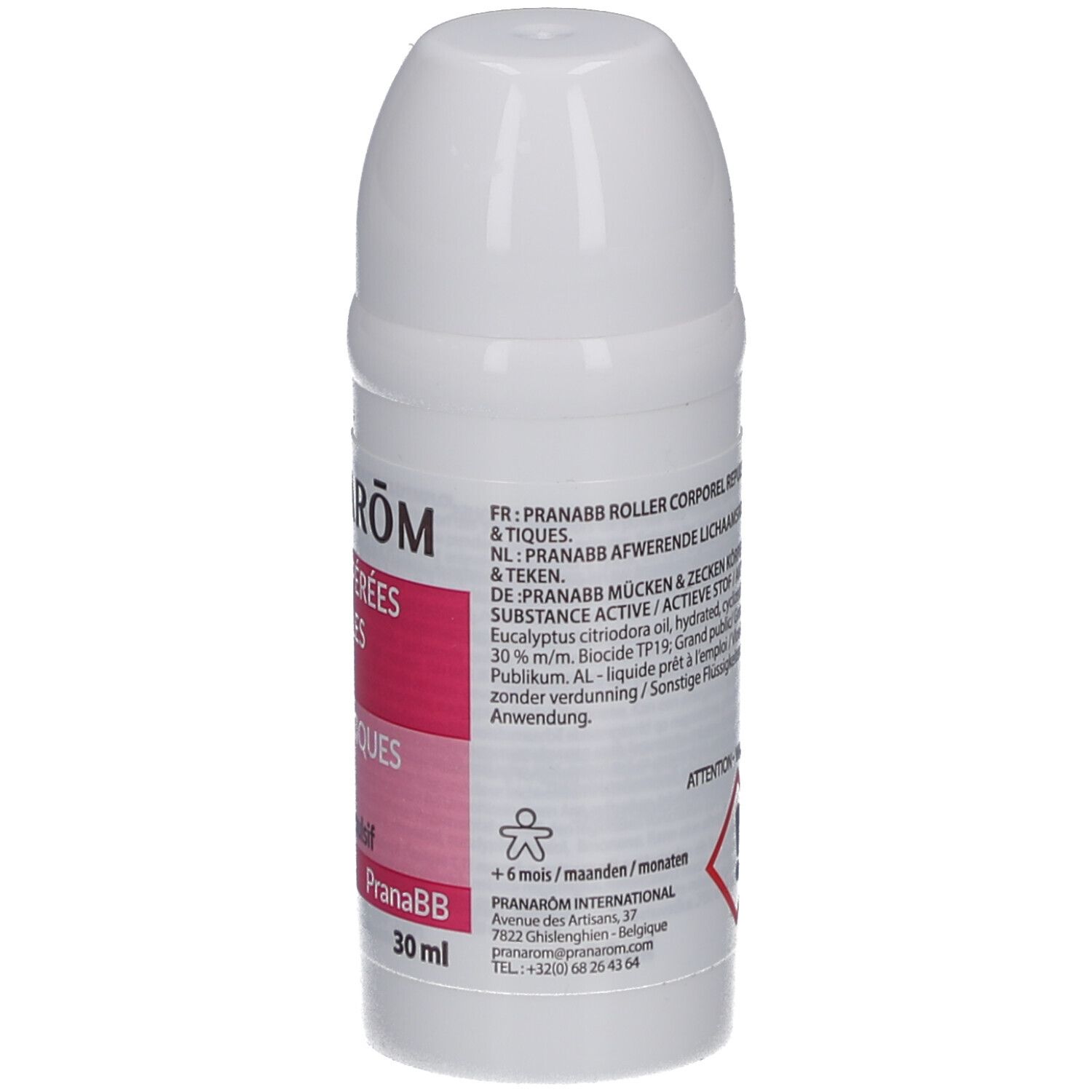 Roll-on blanc. Texte: PRANAROM, ZONES TEMPEREES, ANTI-MOUSTIQUES & TIQUES. 30 ml. Avertissement. +6 mois. Adresse.