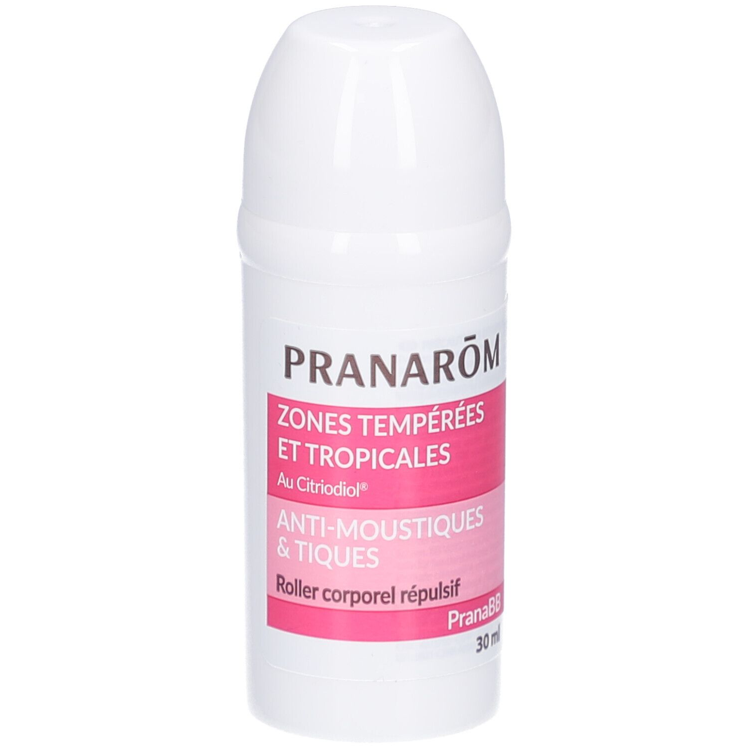 Roll-on blanc avec étiquette rose. Texte: PRANAROM, ZONES TEMPEREES ET TROPICALES, ANTI-MOUSTIQUES & TIQUES. 30 ml.