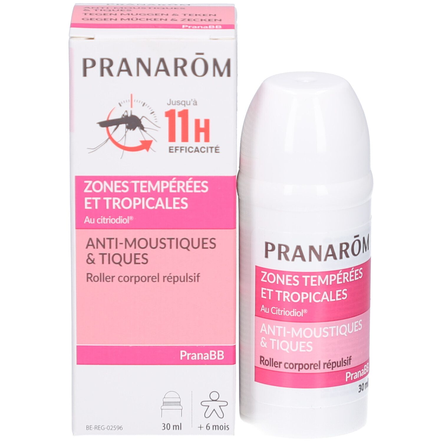 Produit et emballage. Roll-on blanc et boîte. Texte: PRANAROM, ZONES TEMPEREES ET TROPICALES, ANTI-MOUSTIQUES & TIQUES. 30 ml.