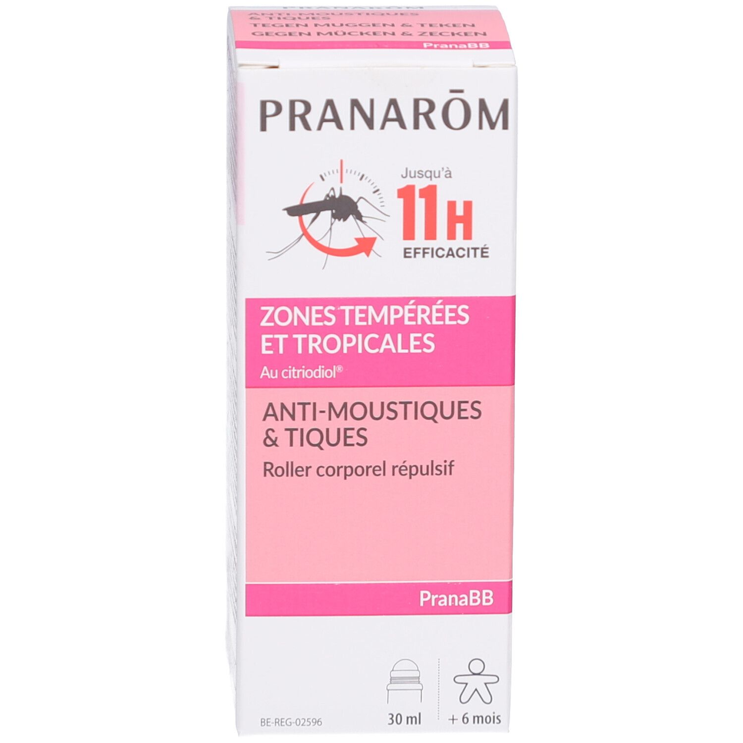 Emballage du produit. Boîte blanche. Texte: PRANAROM, ZONES TEMPEREES ET TROPICALES, ANTI-MOUSTIQUES & TIQUES. 11H efficacité.