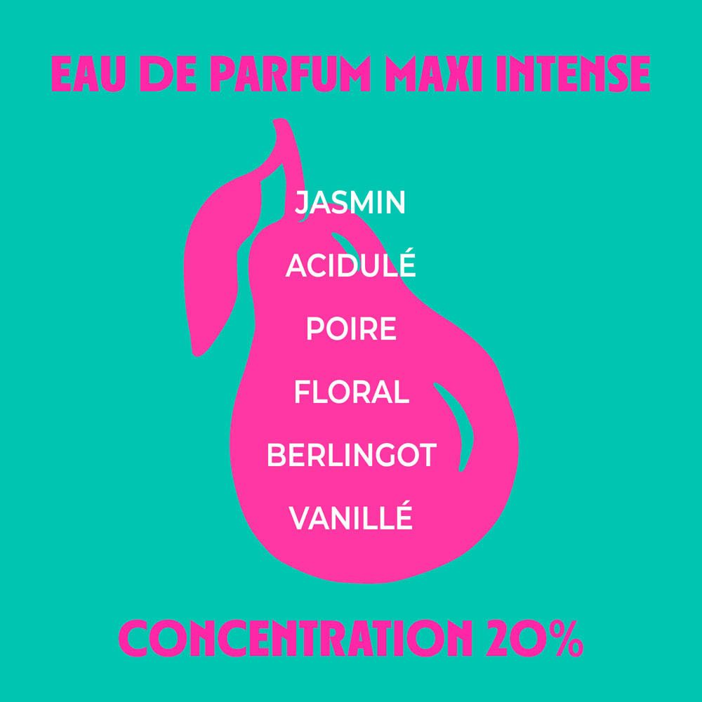Roll-on Jasmin Lollipop Eau de Parfum et emballage. Turquoise avec logo et texte roses. 15 ml.