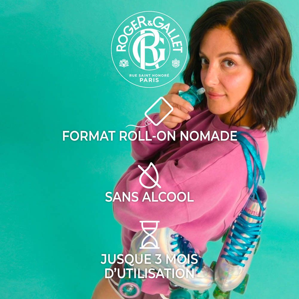 Dos de l'emballage du Jasmin Lollipop Eau de Parfum. Turquoise avec texte et logos roses.