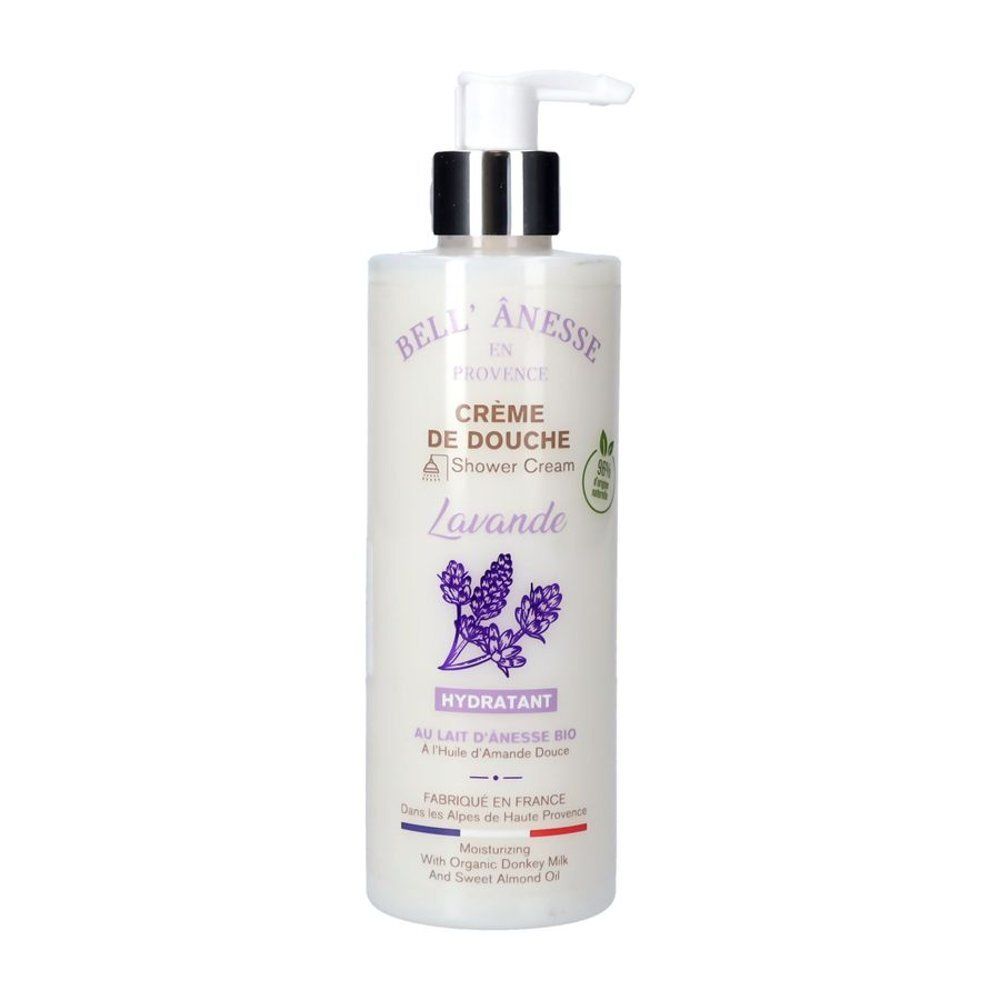 Flacon de crème de douche à la lavande. Marque Bell' Ânesse en Provence. Avec pompe. Inscription: Crème de Douche, Lavande, Hydratant.