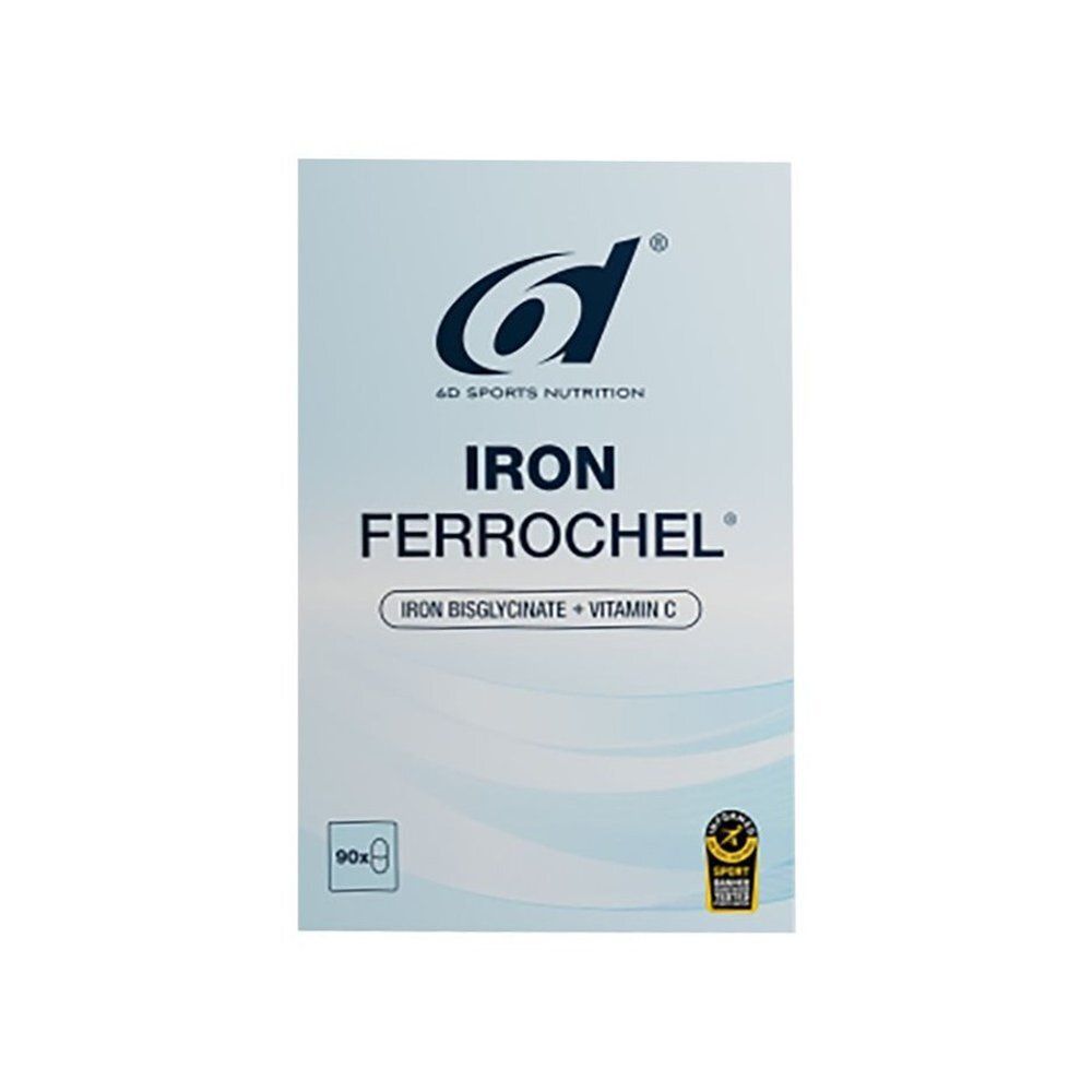 Boîte blanche avec nom et logo du produit. Contient 90 gélules. Inscription : IRON Ferrochel, bisglycinate de fer + vitamine C.