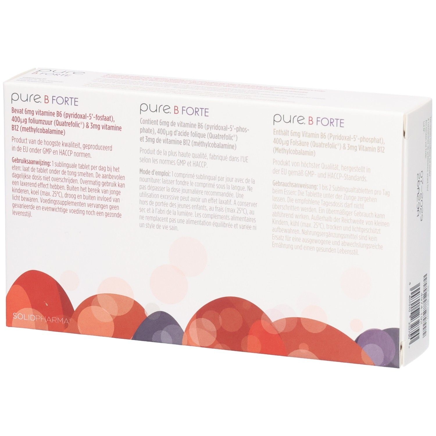 Arrière de la boîte Pure B Forte. Informations sur les ingrédients et l'utilisation.