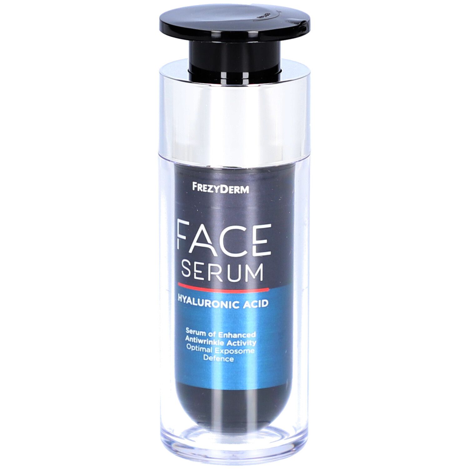 Flacon de sérum avec pompe noire. Inscription : FACE SERUM HYALURONIC ACID. Détails bleus et argentés.