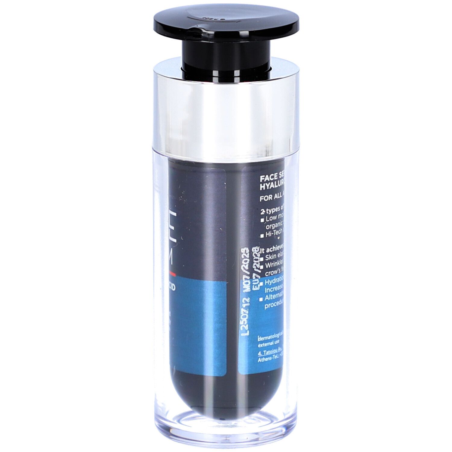 Flacon de sérum avec pompe noire. Inscription : FACE SERUM HYALURONIC ACID. Détails bleus et argentés. Texte au dos.