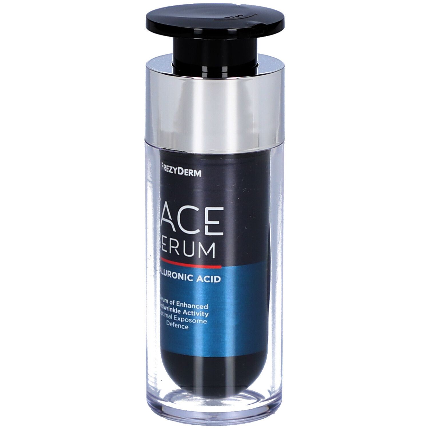 Flacon de sérum avec pompe noire. Inscription : Frezyderm FACE SERUM HYALURONIC ACID. Détails bleus et argentés.