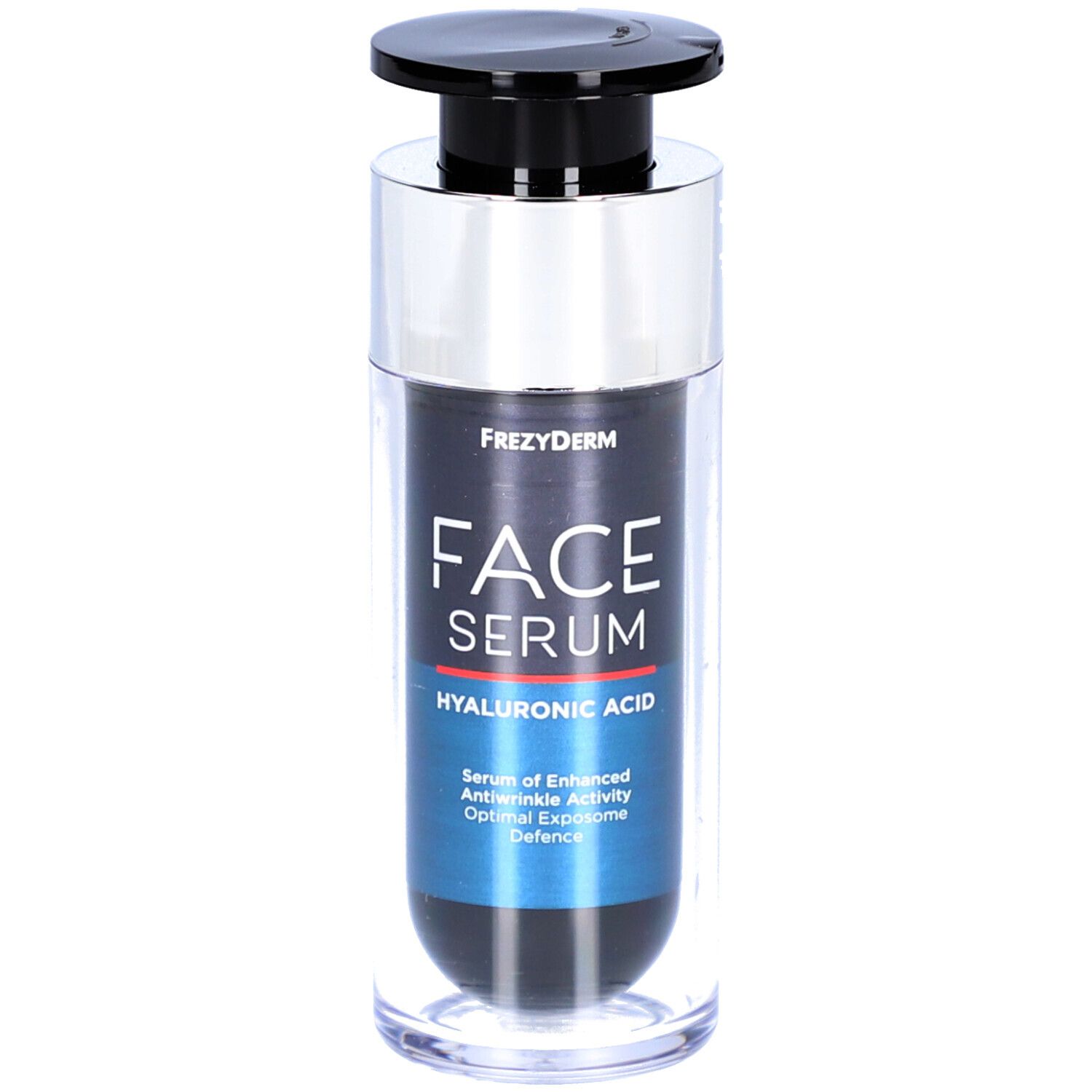 Flacon de sérum avec pompe noire. Inscription : Frezyderm FACE SERUM HYALURONIC ACID. Détails bleus et argentés.