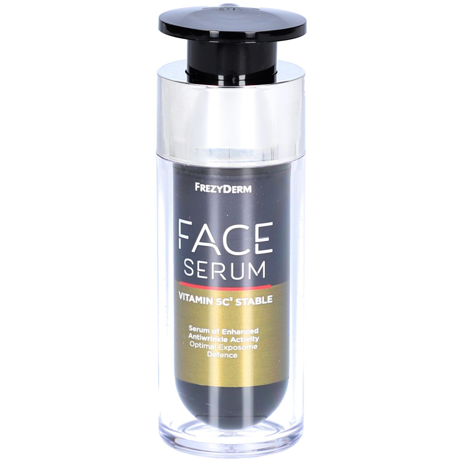 Sérum Frezyderm Face Vitamin 5C Stable. Flacon noir avec pompe. Nom du produit et ingrédients imprimés.