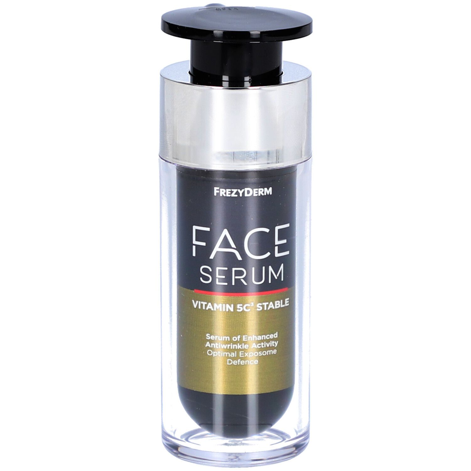Sérum Frezyderm Face Vitamin 5C Stable. Flacon noir avec pompe. Nom et ingrédients imprimés.
