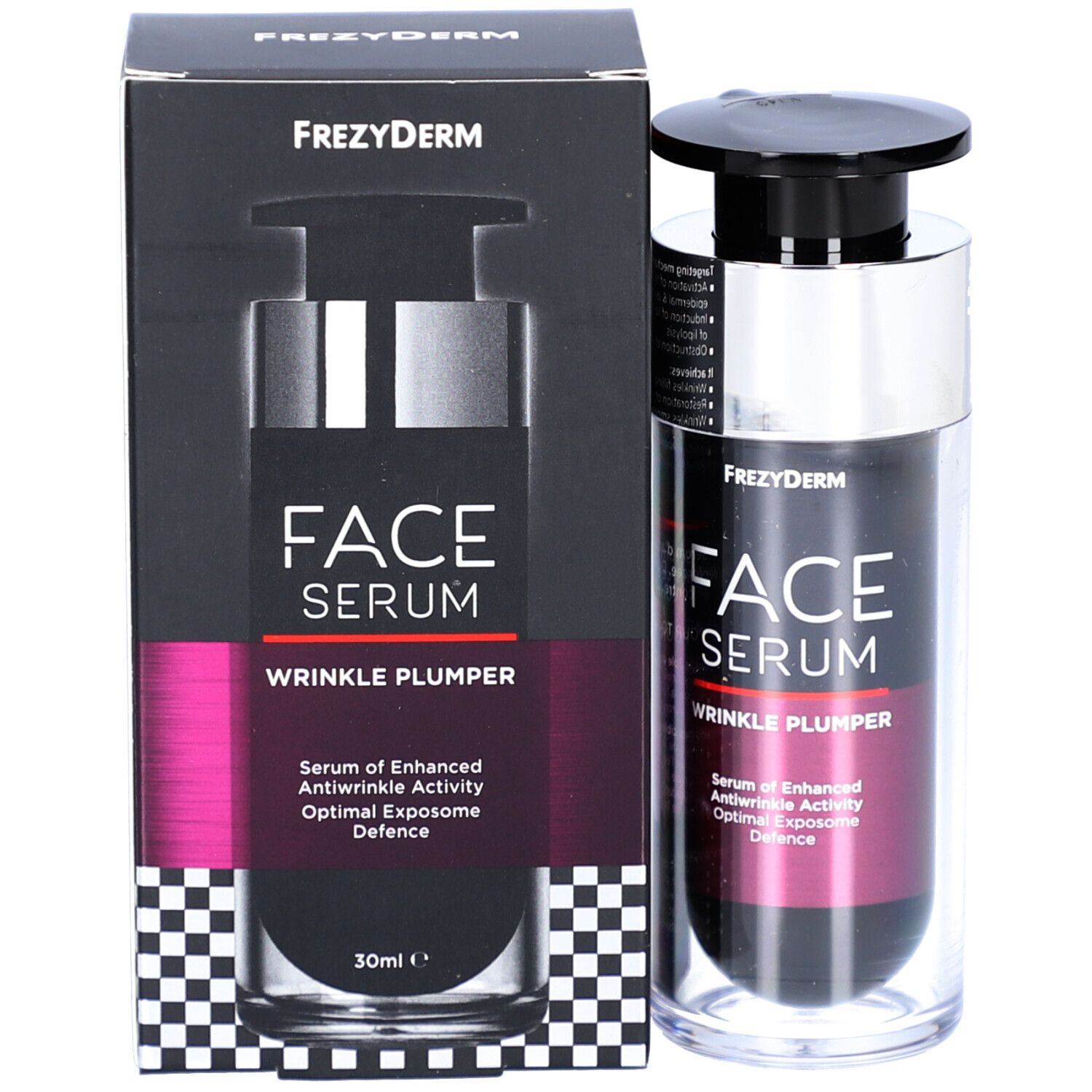 Produit et emballage. Flacon de sérum avec pompe noire et carton. Inscription : FACE SERUM WRINKLE PLUMPER. 30ml.