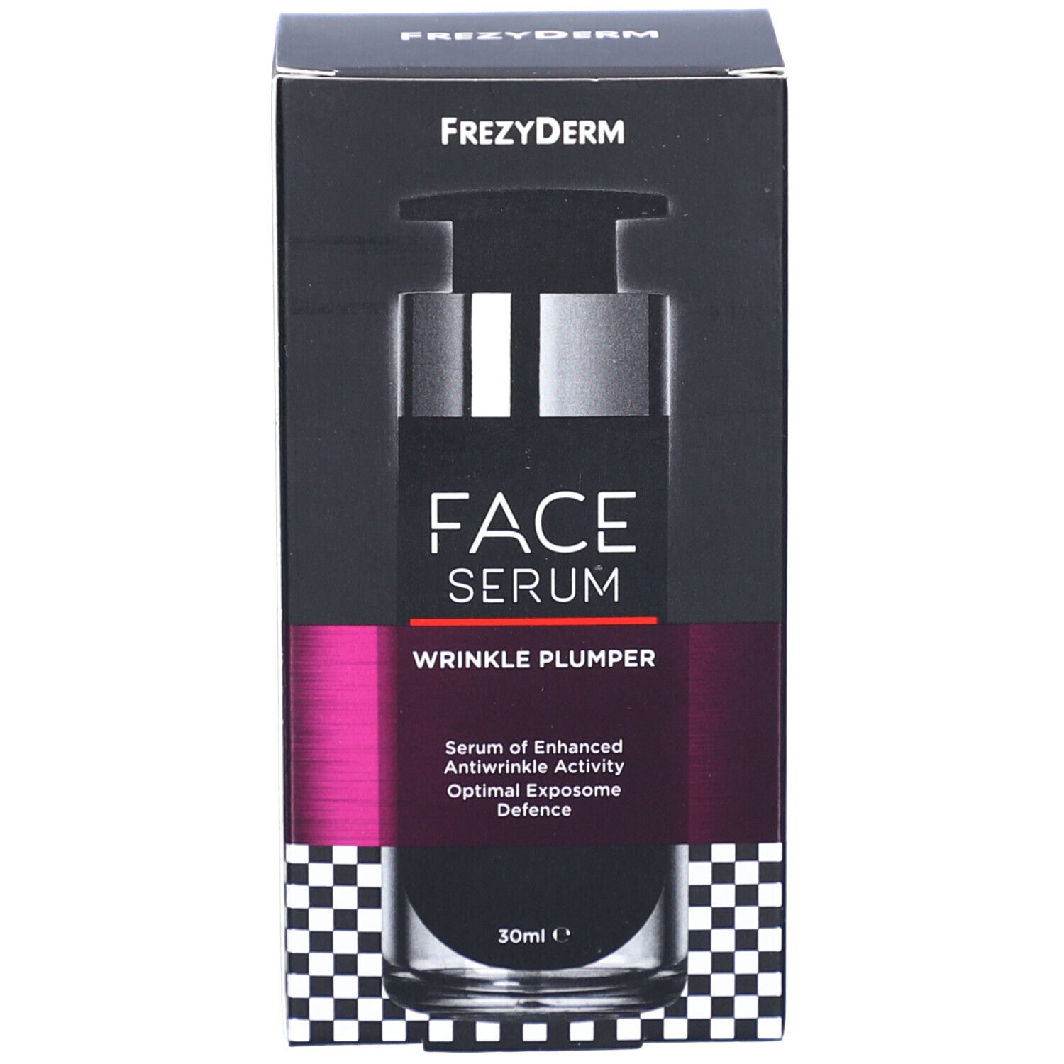 Produit et emballage. Carton avec inscription : FACE SERUM WRINKLE PLUMPER. 30ml. Motif damier.