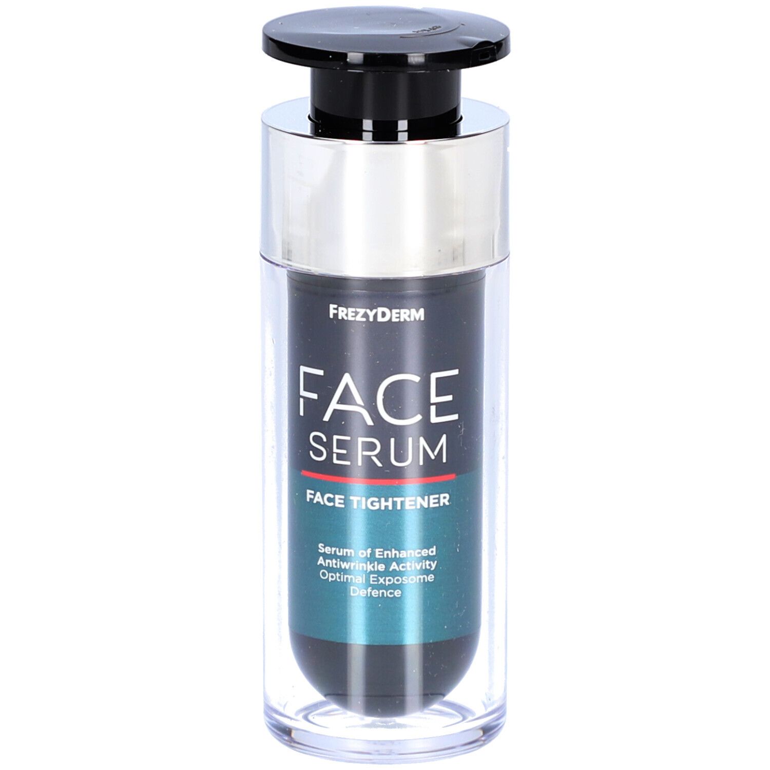 Flacon de sérum avec bouchon noir et col argenté. Inscription : FACE SERUM FACE TIGHTENER. Marque : Frezyderm.