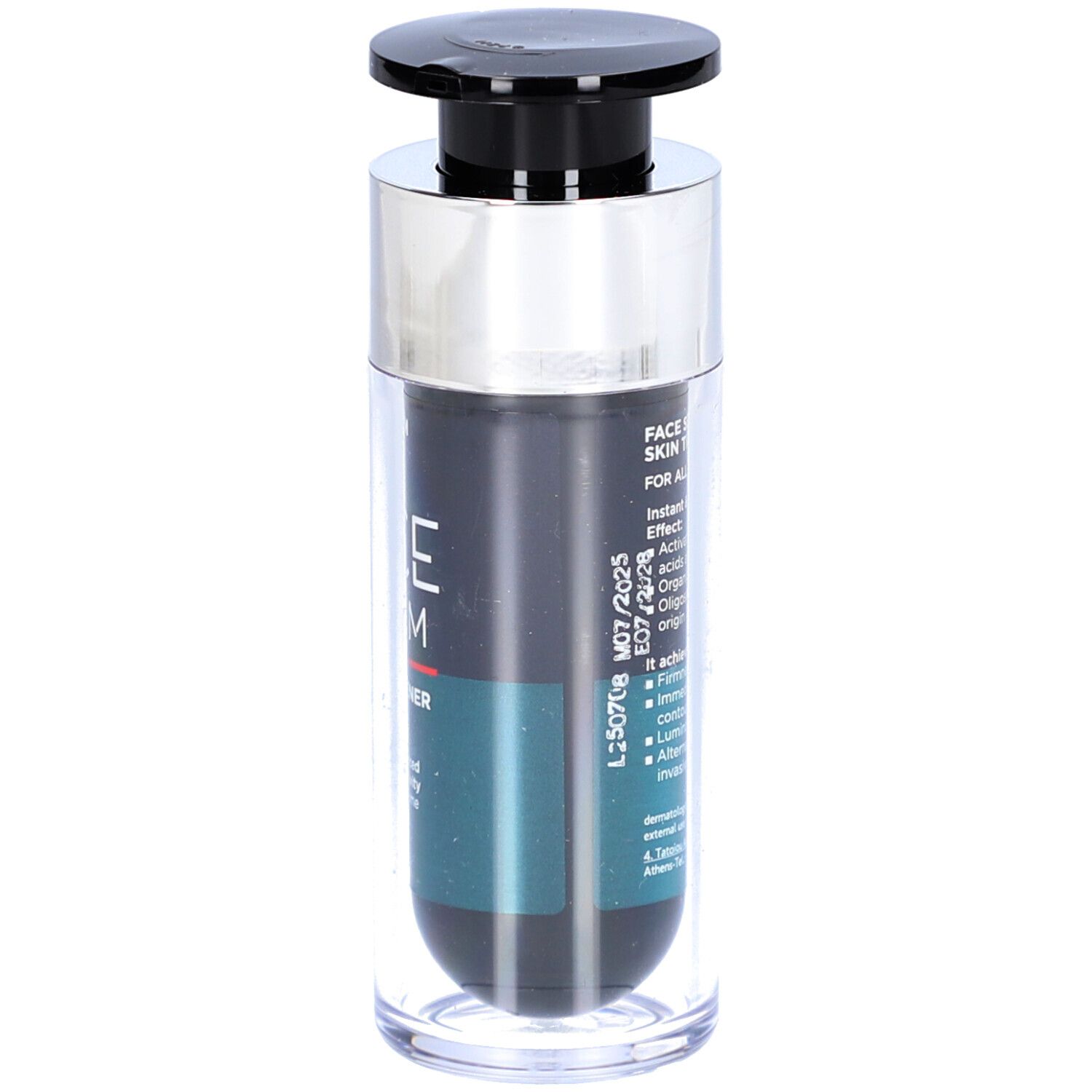 Flacon de sérum avec bouchon noir et col argenté. Inscription : FACE SERUM. Date de péremption : 07/2025.