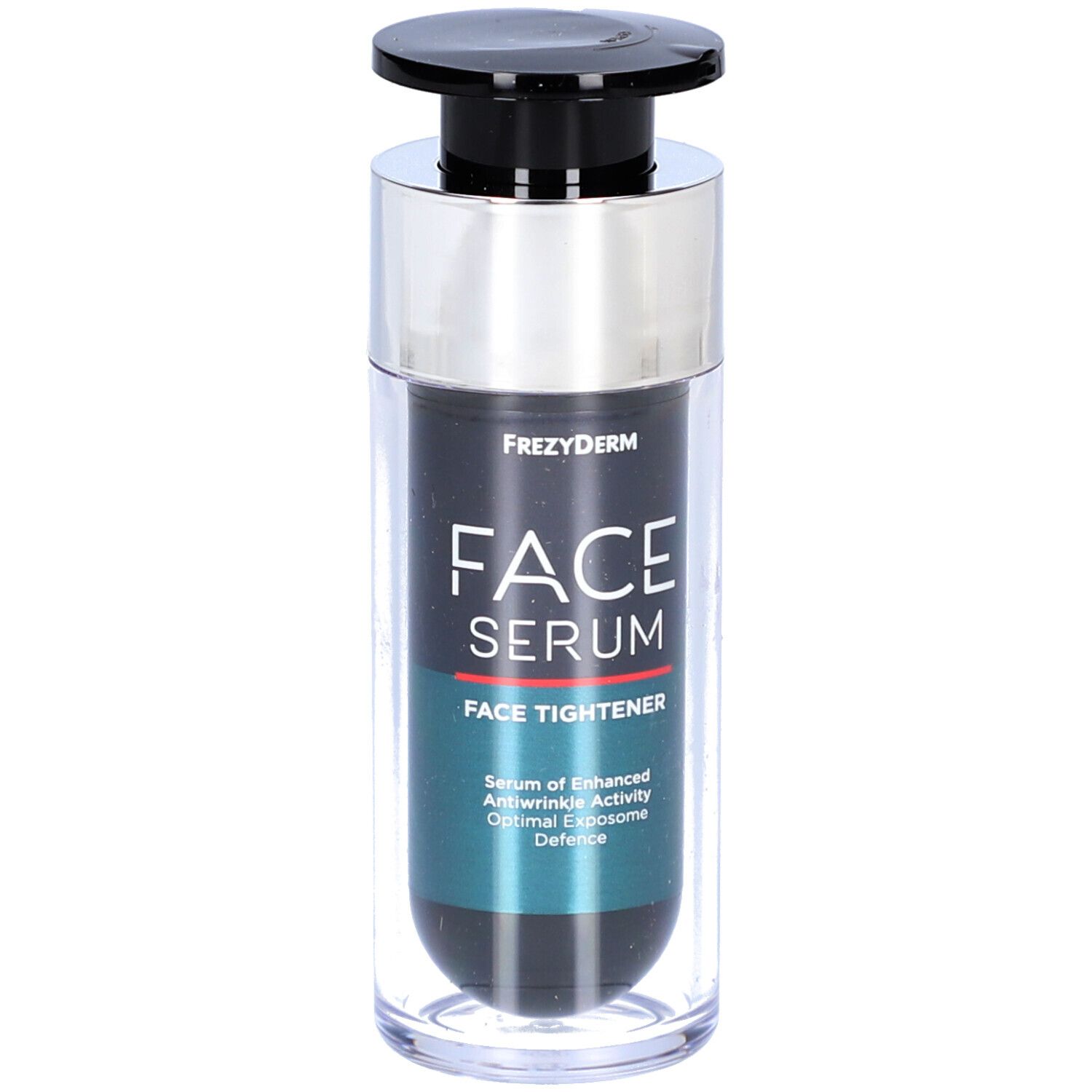 Flacon de sérum avec bouchon noir et col argenté. Inscription : FACE SERUM FACE TIGHTENER. Marque : Frezyderm.