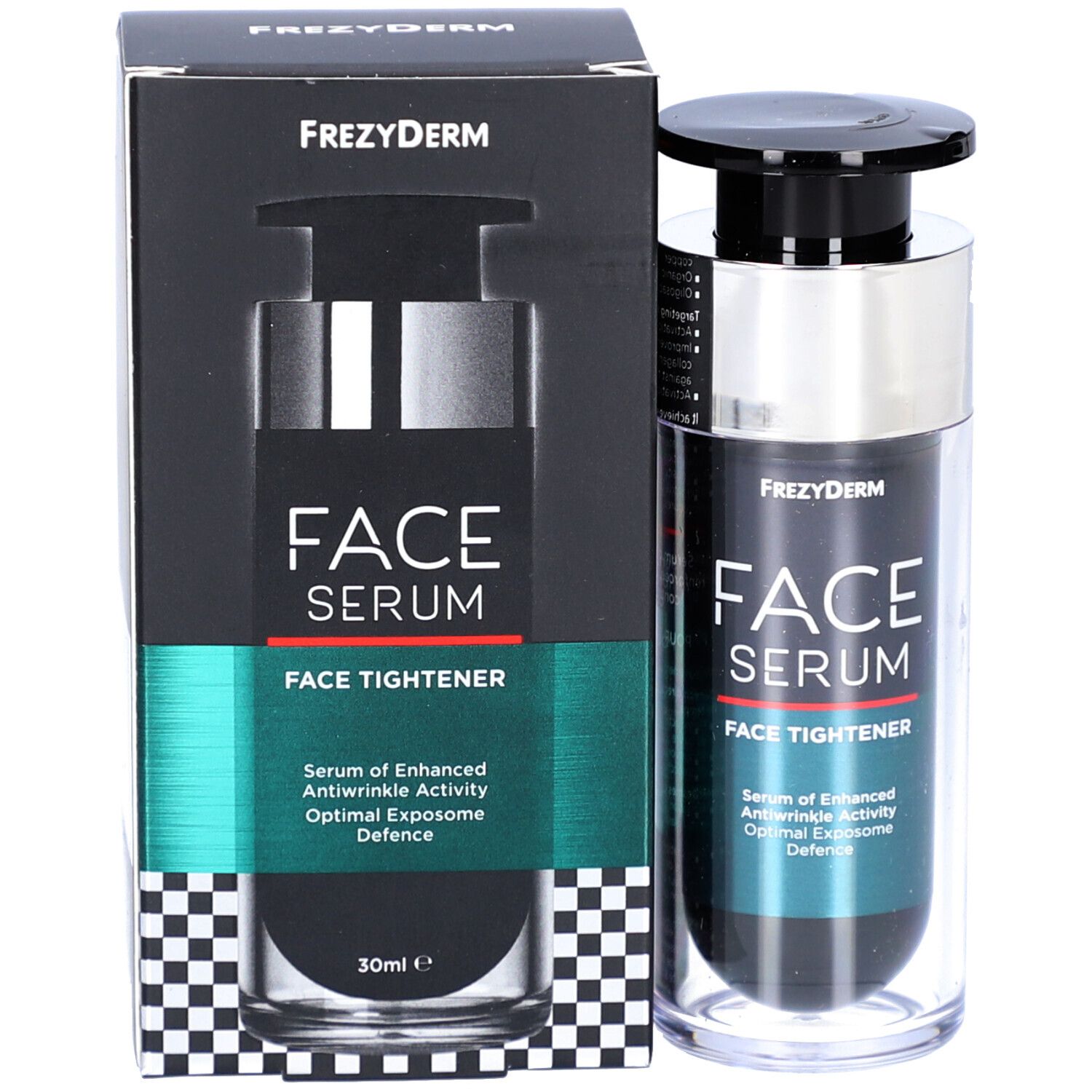 Emballage du produit et flacon de sérum. Inscription : Frezyderm, FACE SERUM FACE TIGHTENER. 30ml. Motif damier noir et blanc.