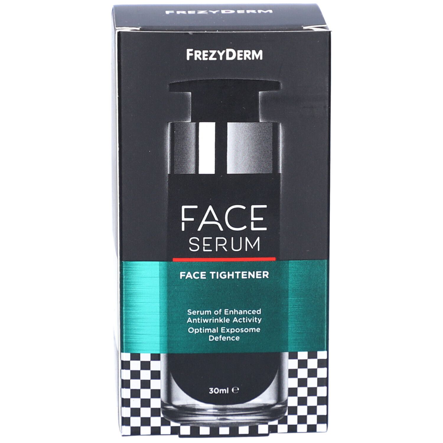 Emballage du produit. Inscription : Frezyderm, FACE SERUM FACE TIGHTENER. 30ml. Motif damier noir et blanc.