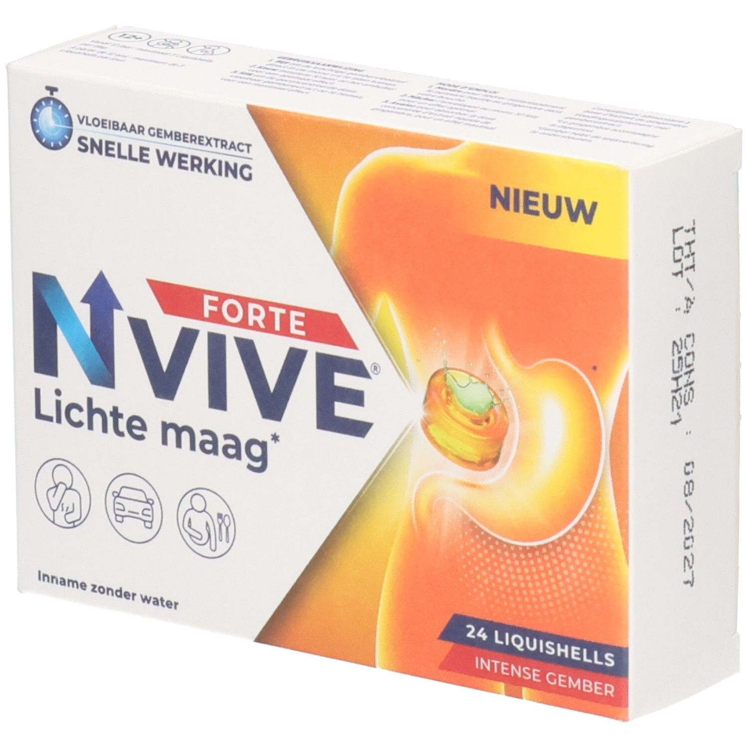 Boîte blanche Nvive Forte Lichte maag. Contient 24 Liquishells. Inscription: Vloeibaar gemberextract, snelle werking. Nouveau.