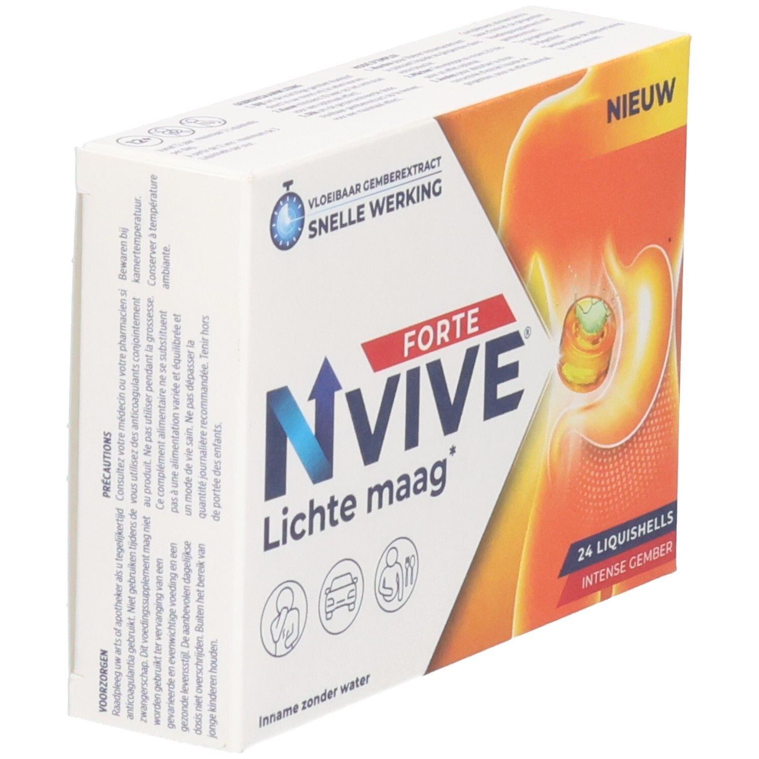 Boîte blanche Nvive Forte Lichte maag. Contient 24 Liquishells. Inscription: Vloeibaar gemberextract, snelle werking. Vue oblique.