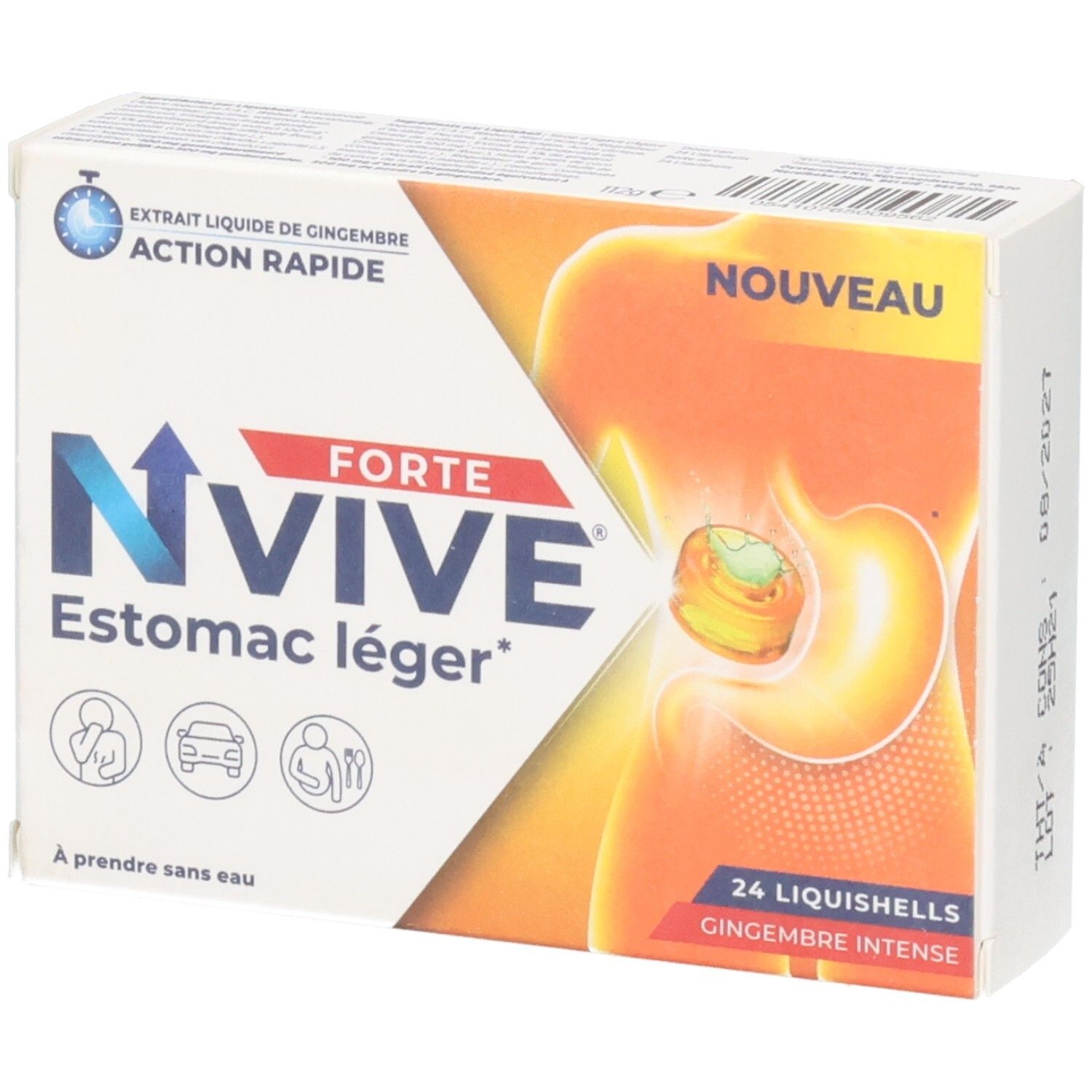 Boîte blanche Nvive Forte Estomac léger. Contient 24 Liquishells. Inscription: Extrait liquide de gingembre, action rapide. Nouveau.