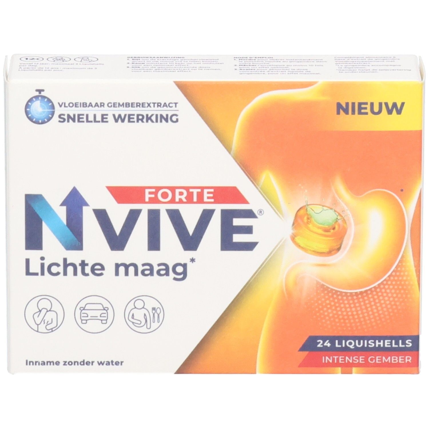 Boîte blanche Nvive Forte Lichte maag. Contient 24 Liquishells. Inscription: Vloeibaar gemberextract, snelle werking. Nouveau.