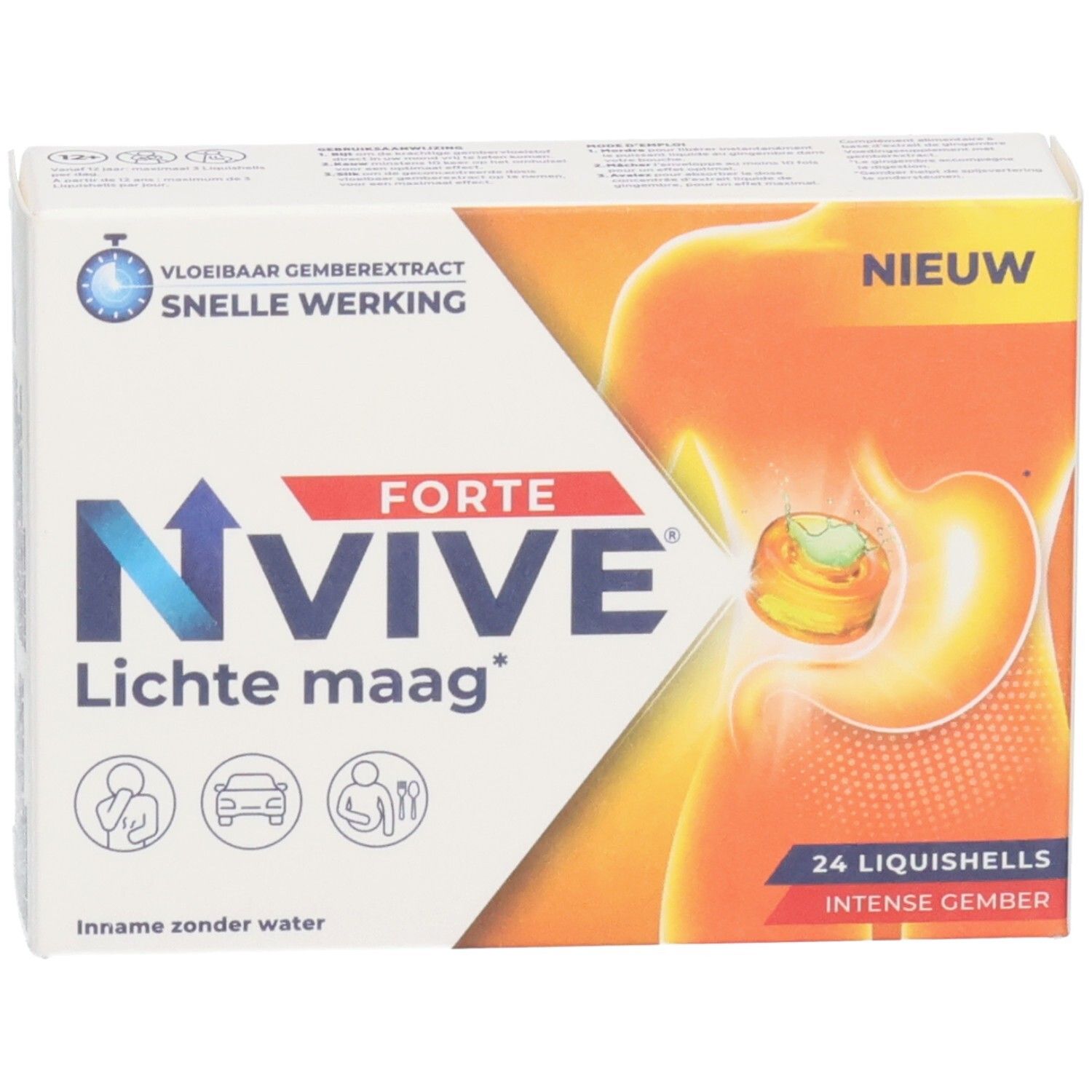 Boîte blanche Nvive Forte Lichte maag. Contient 24 Liquishells. Inscription: Vloeibaar gemberextract, snelle werking. Nouveau.