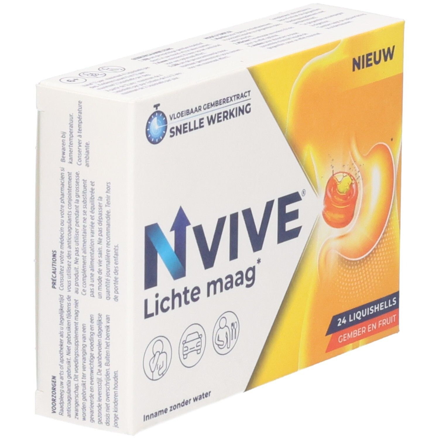 Boîte NVive Lichte maag*. Contient 24 Liquishells. Inscription: Vloeibaar gemberextract, snelle werking. Avec illustration.