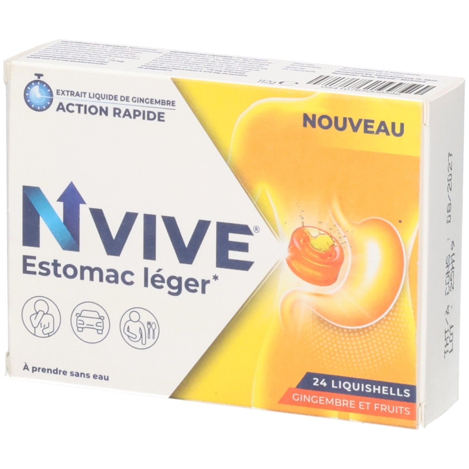 Boîte NVive Estomac léger*. Contient 24 Liquishells. Inscription: Extrait liquide de gingembre, action rapide. Avec illustration.