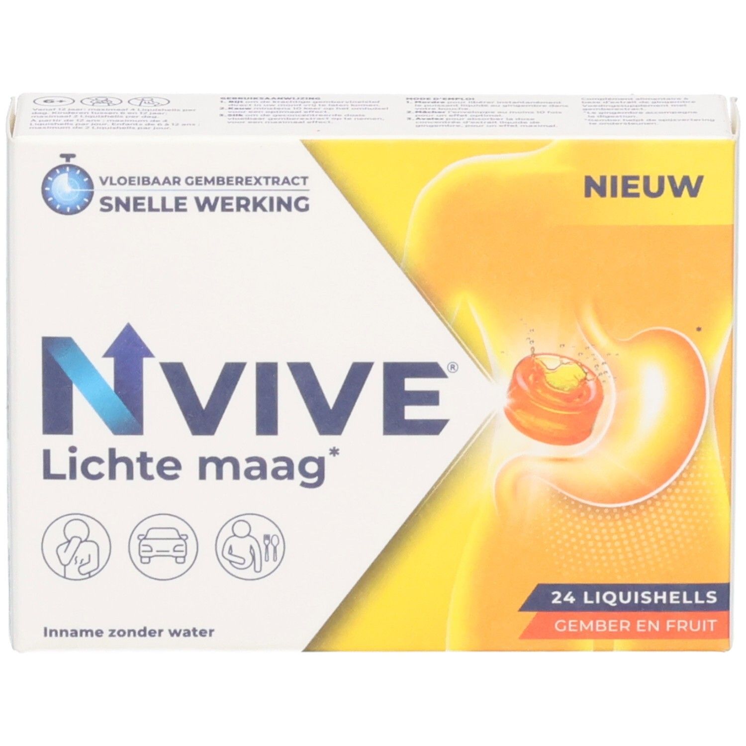 Boîte NVIVE Lichte maag*. Contient 24 Liquishells. Inscription: Vloeibaar gemberextract, snelle werking. Avec illustration.