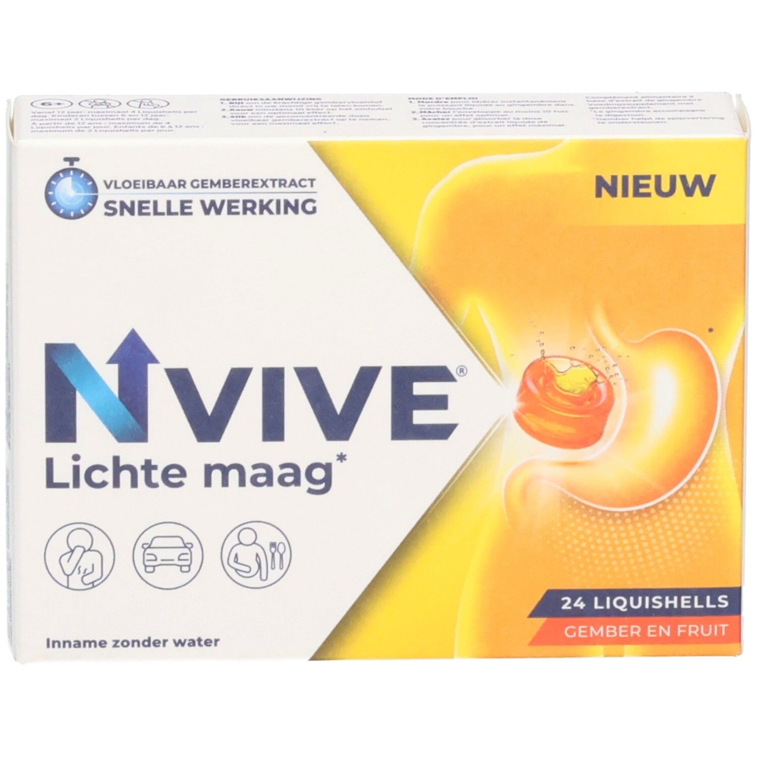 Boîte NVIVE Lichte maag*. Contient 24 Liquishells. Inscription: Vloeibaar gemberextract, snelle werking. Avec illustration.