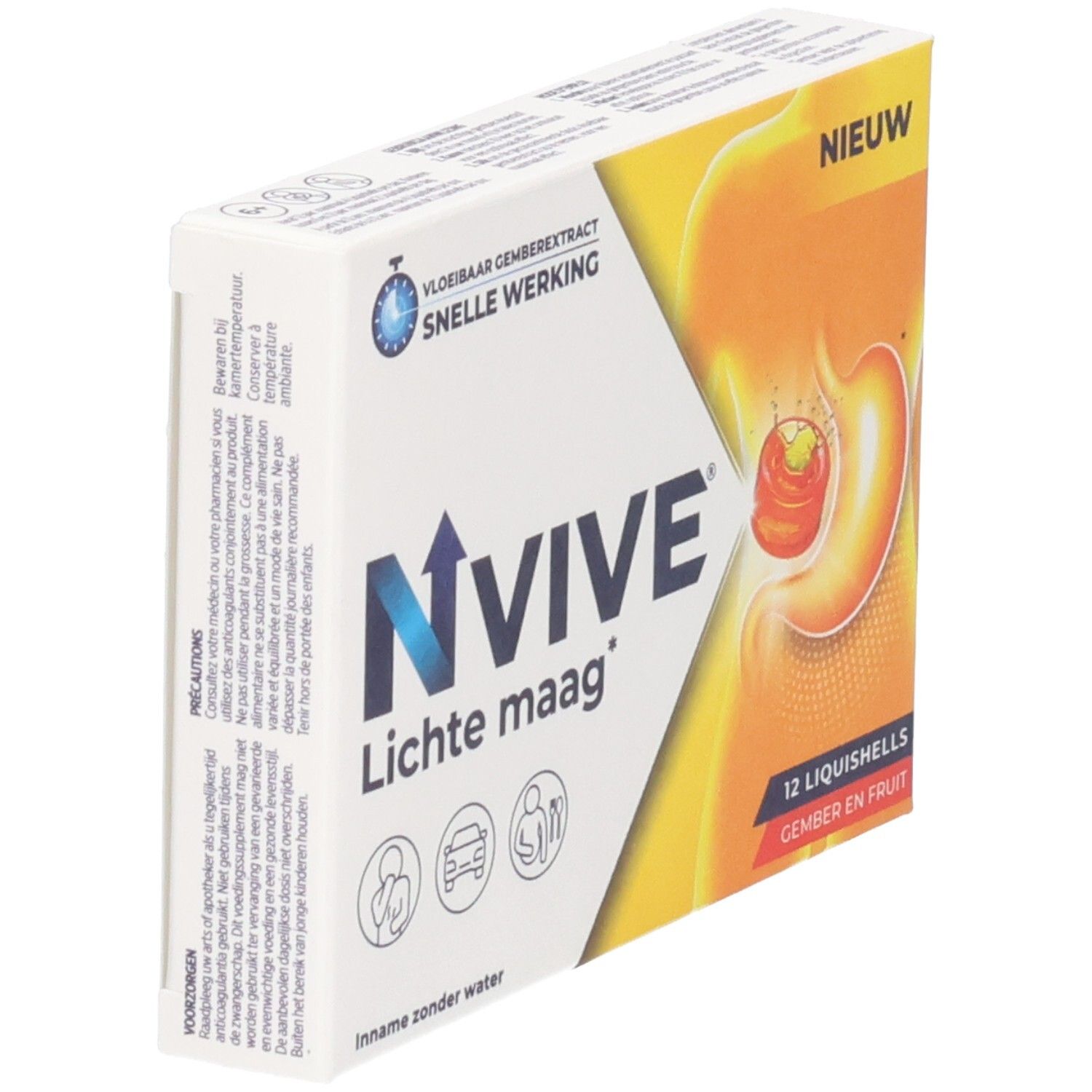 Boîte de NVive Lichte maag en perspective. Contient 12 Liquishells. Inscription: Vloeibaar gemberextract, snelle werking. Illustration de l'estomac.