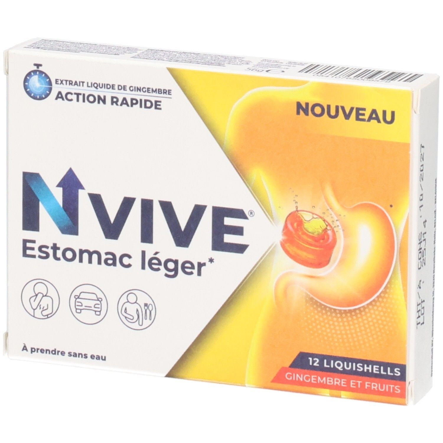 Boîte de NVive Estomac léger. Contient 12 Liquishells. Inscription: Extrait liquide de gingembre, action rapide. Illustration de l'estomac.