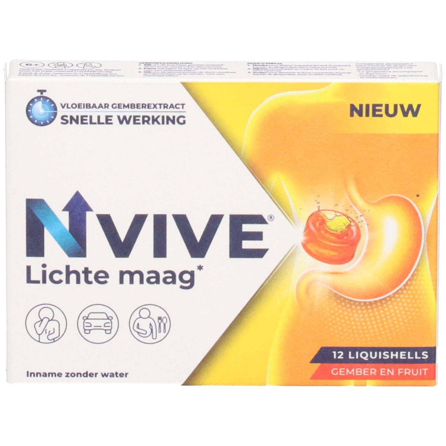 Boîte de NVive Lichte maag. Contient 12 Liquishells. Inscription: Vloeibaar gemberextract, snelle werking. Illustration de l'estomac.