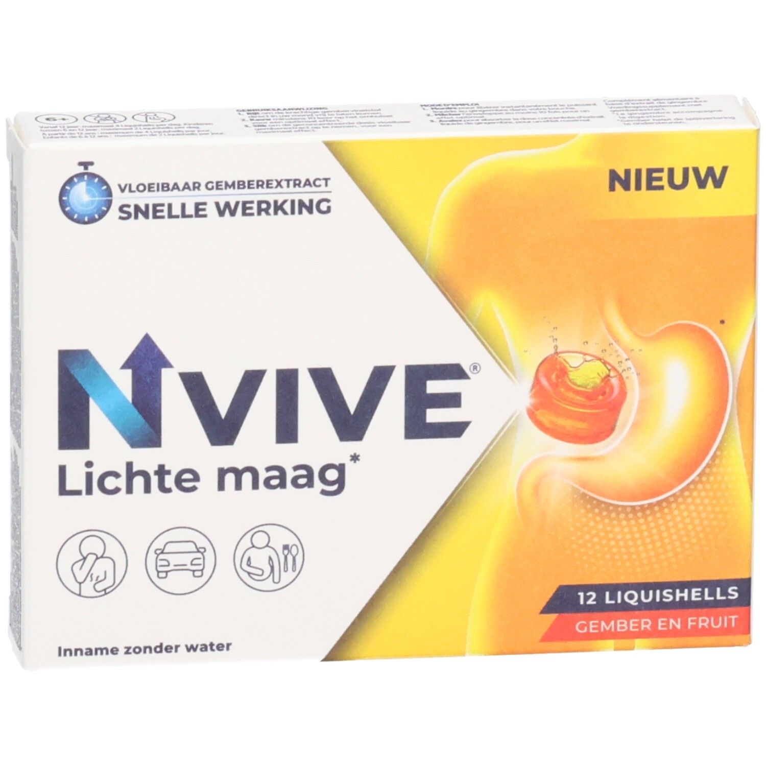 Boîte de NVive Lichte maag. Contient 12 Liquishells. Inscription: Vloeibaar gemberextract, snelle werking. Illustration de l'estomac.