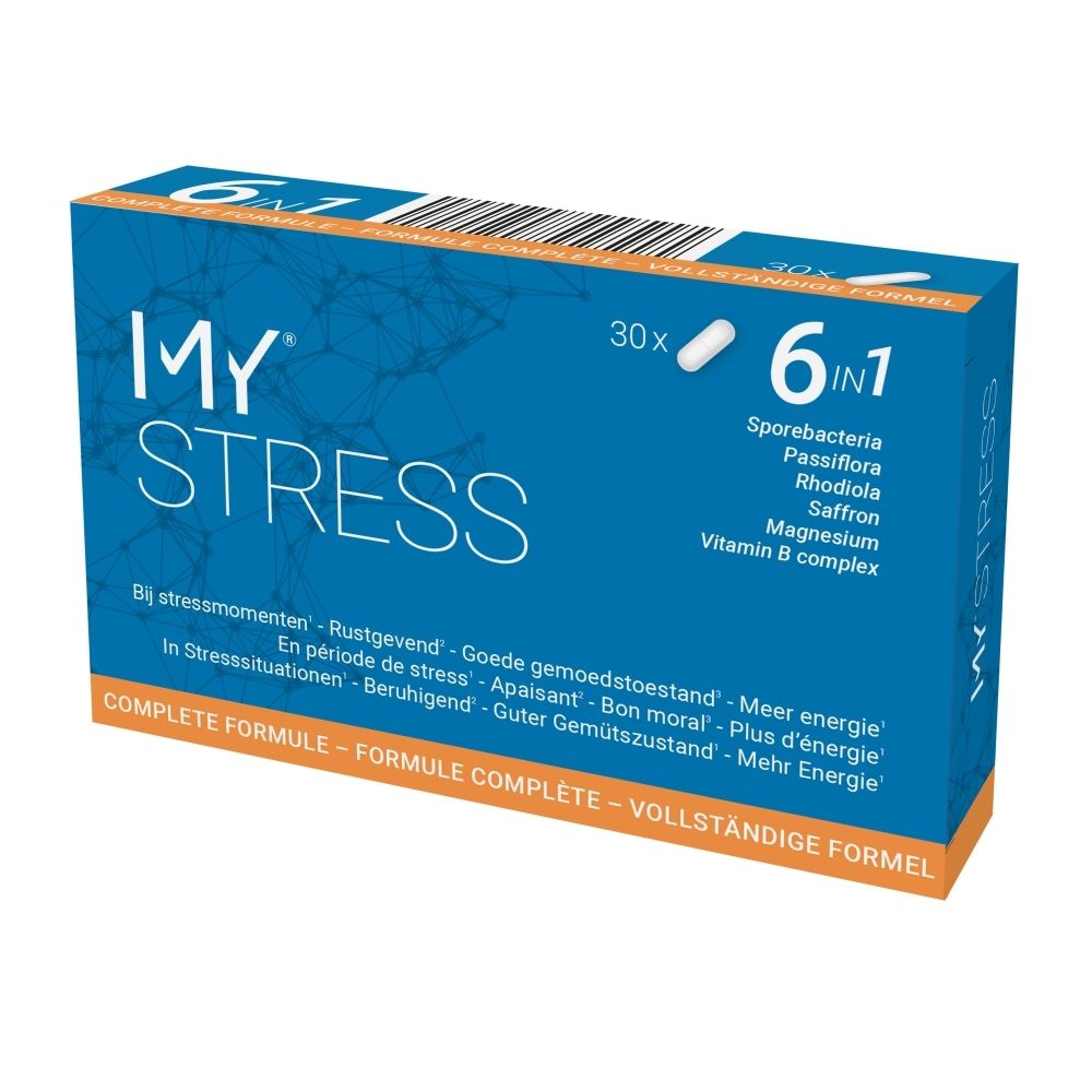 My Stress 6en1 Gélules, 30 pièces. Contient Sporebiotic, Passiflore, Rhodiola, Safran, Magnésium, Complexe Vitamine B.