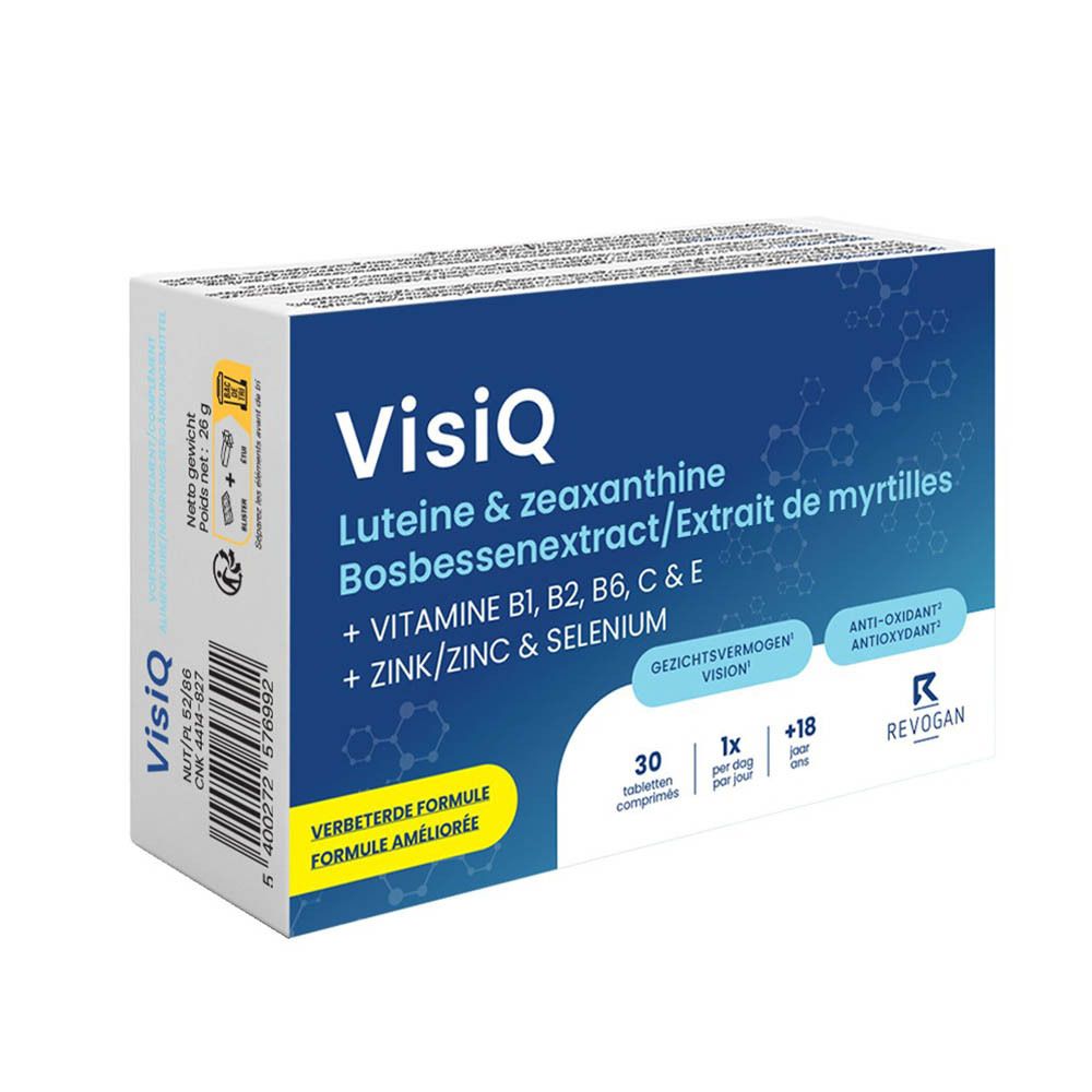Boîte VisiQ. Contient lutéine, zéaxanthine, vitamines et minéraux. 30 comprimés. Boîte bleue et blanche.