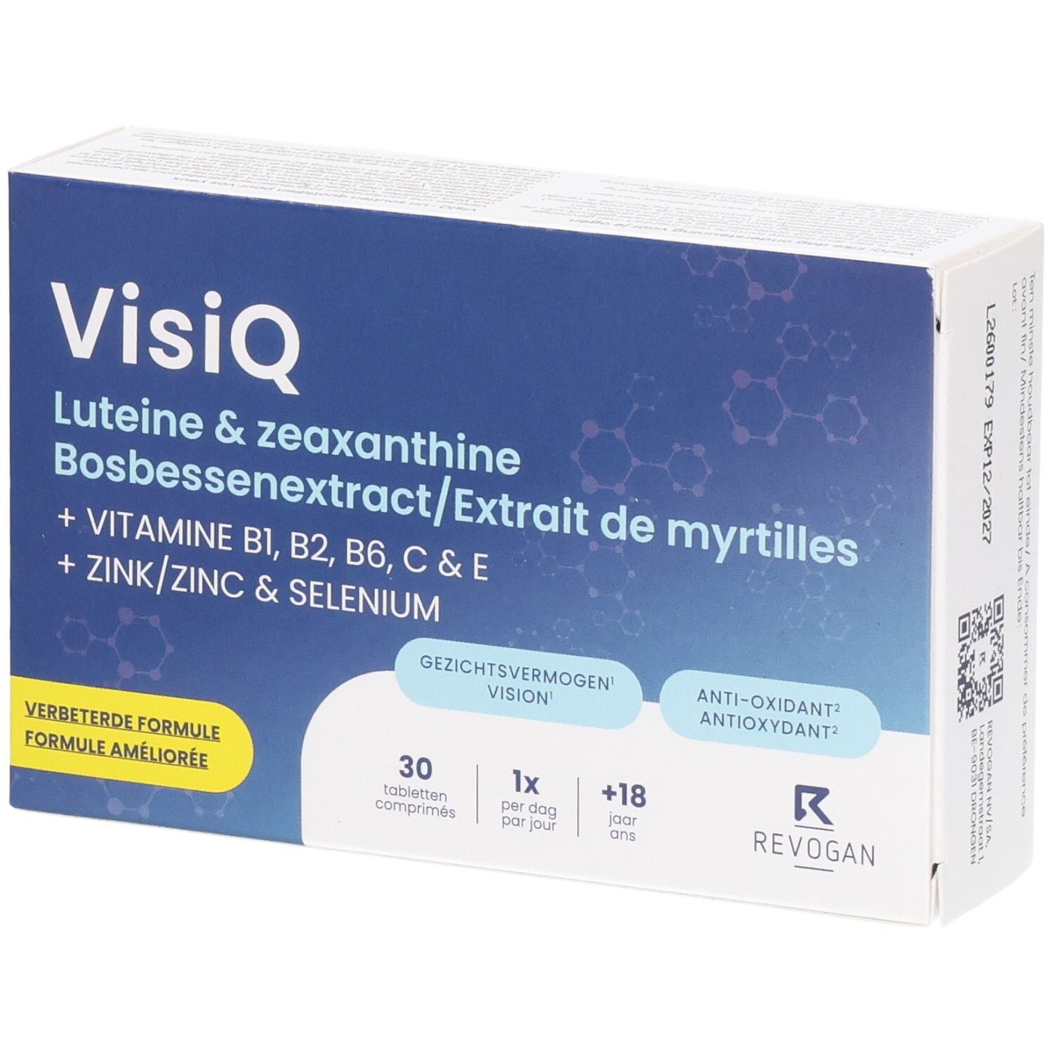 Boîte de comprimés VisiQ. Contient lutéine, zéaxanthine, extrait de myrtille, vitamines et minéraux. 30 comprimés, emballage bleu et blanc.