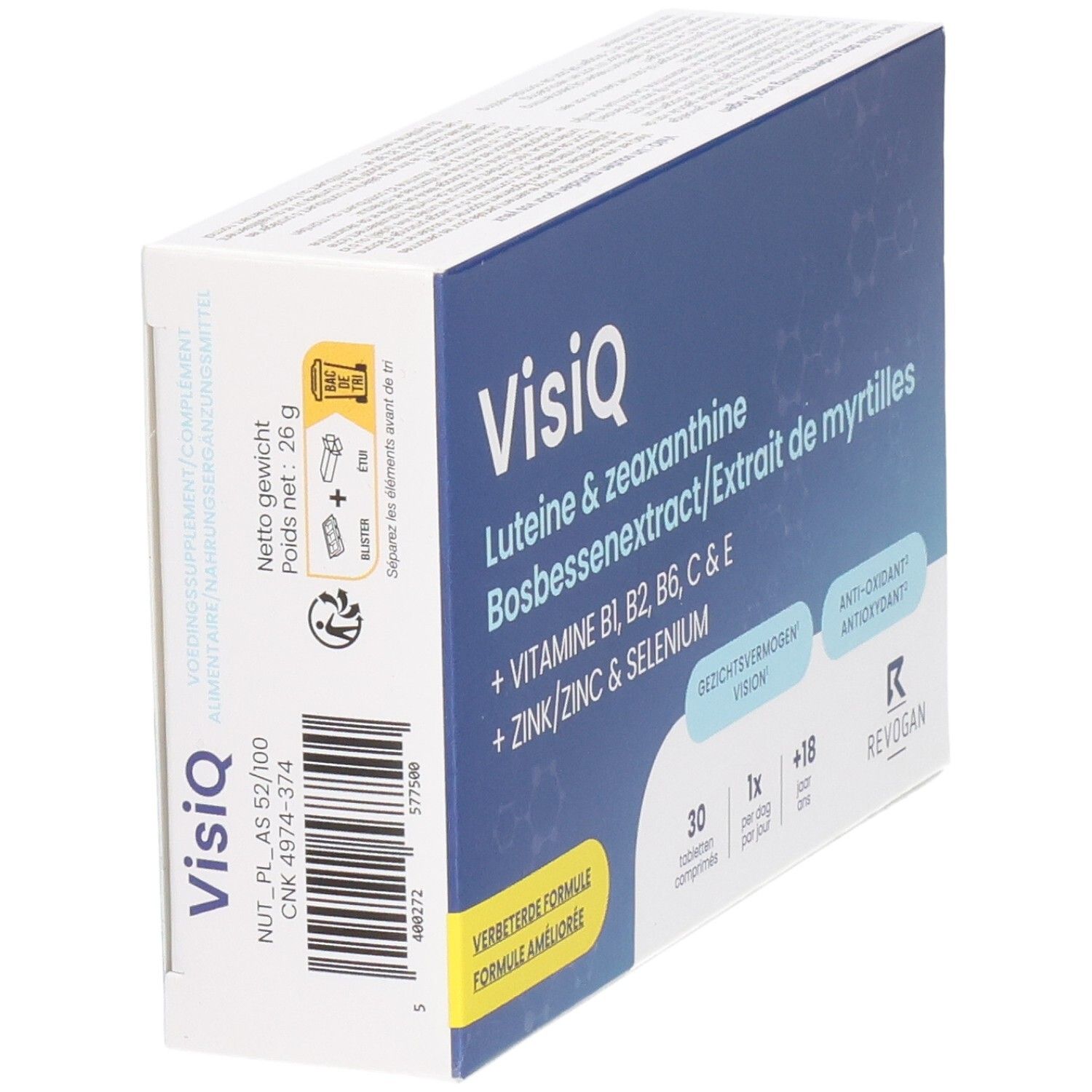 Boîte de comprimés VisiQ en biais. Contient lutéine, zéaxanthine, extrait de myrtille, vitamines et minéraux. 30 comprimés, emballage bleu et blanc.