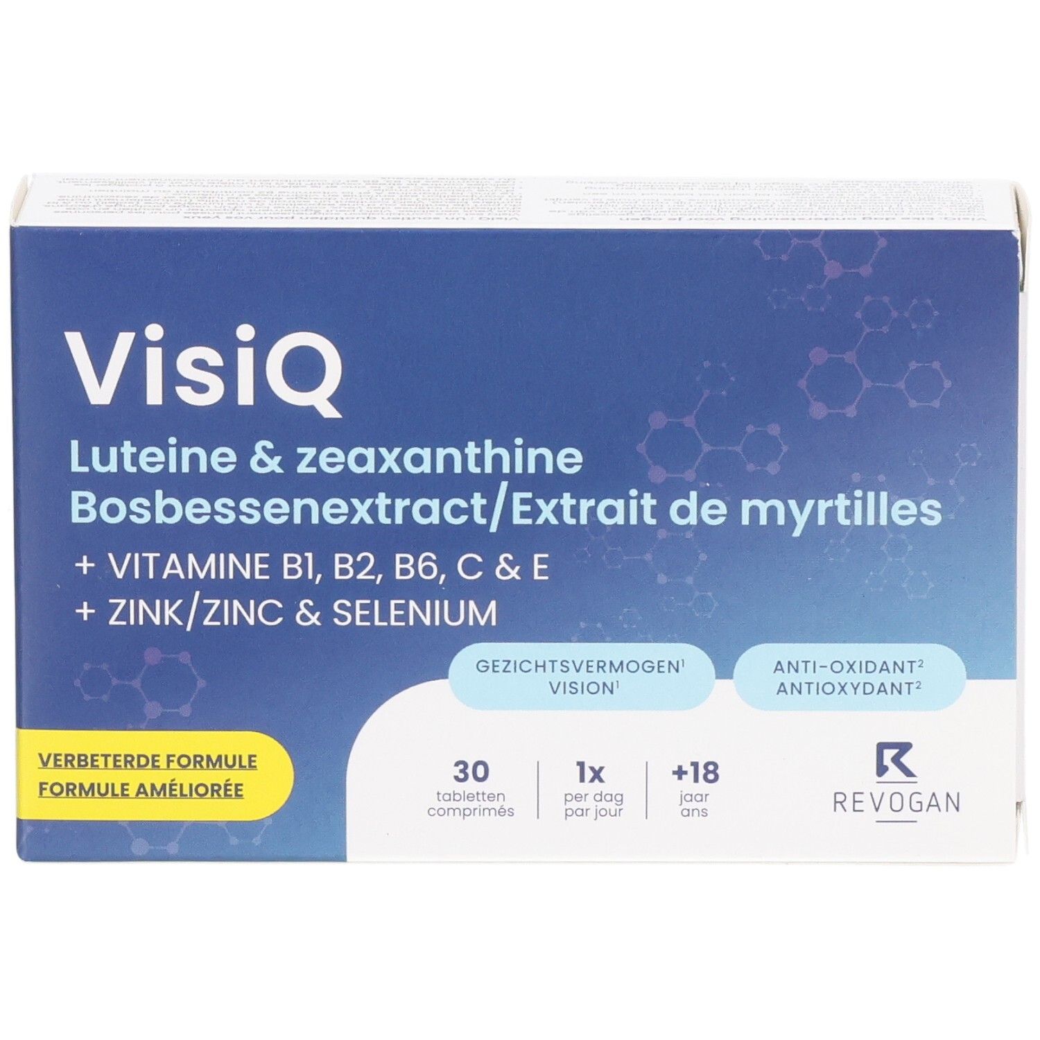 Boîte de comprimés VisiQ. Contient lutéine, zéaxanthine, extrait de myrtille, vitamines et minéraux. 30 comprimés, emballage bleu et blanc.