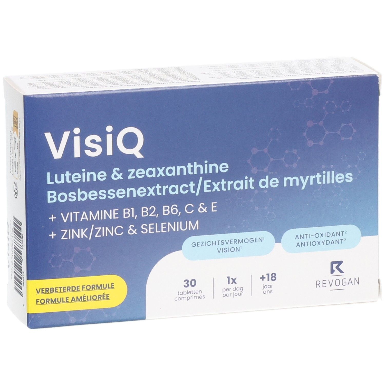 Boîte de comprimés VisiQ. Contient lutéine, zéaxanthine, extrait de myrtille, vitamines et minéraux. 30 comprimés, emballage bleu et blanc.