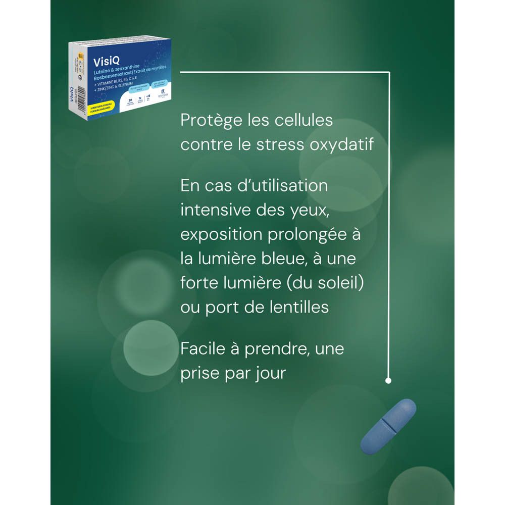 Boîte VisiQ. Contient lutéine, zéaxanthine, vitamines et minéraux. 30 comprimés. Boîte bleue et blanche.