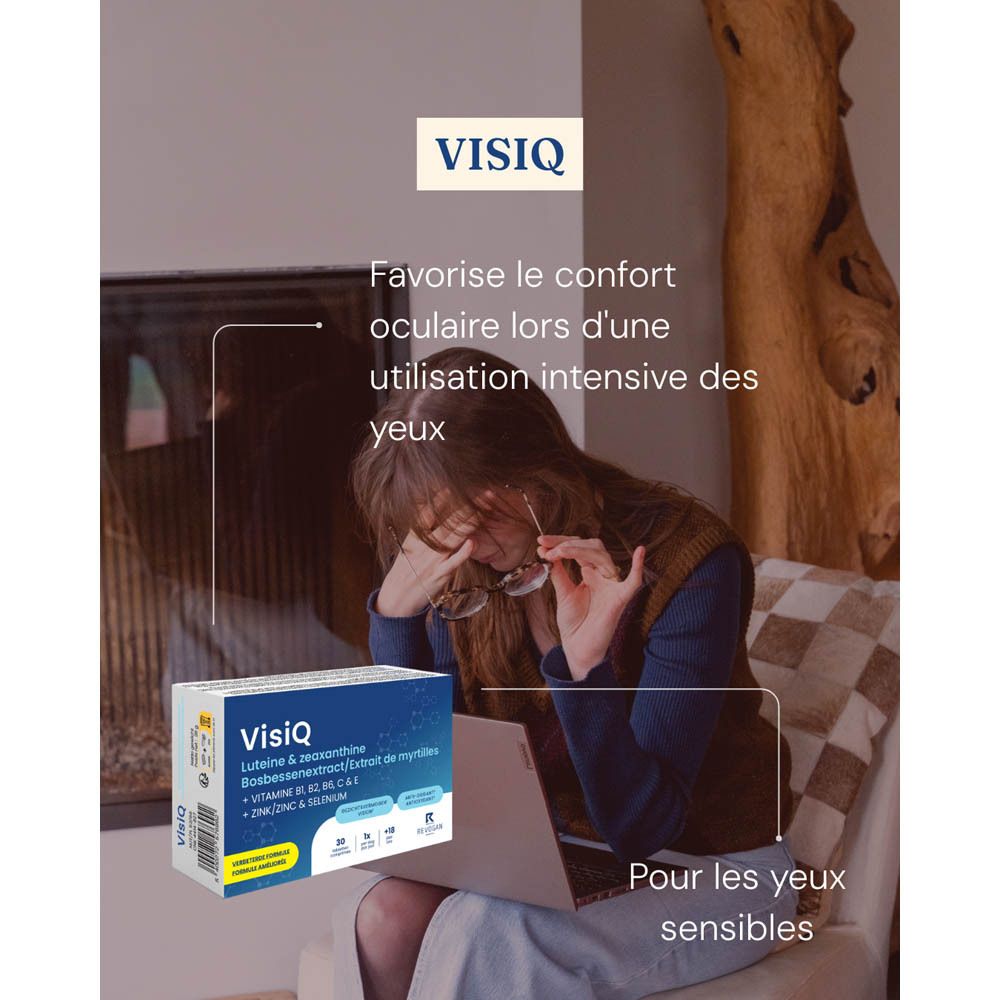 Boîte VisiQ. Contient lutéine, zéaxanthine, vitamines et minéraux. 30 comprimés. Boîte bleue et blanche.